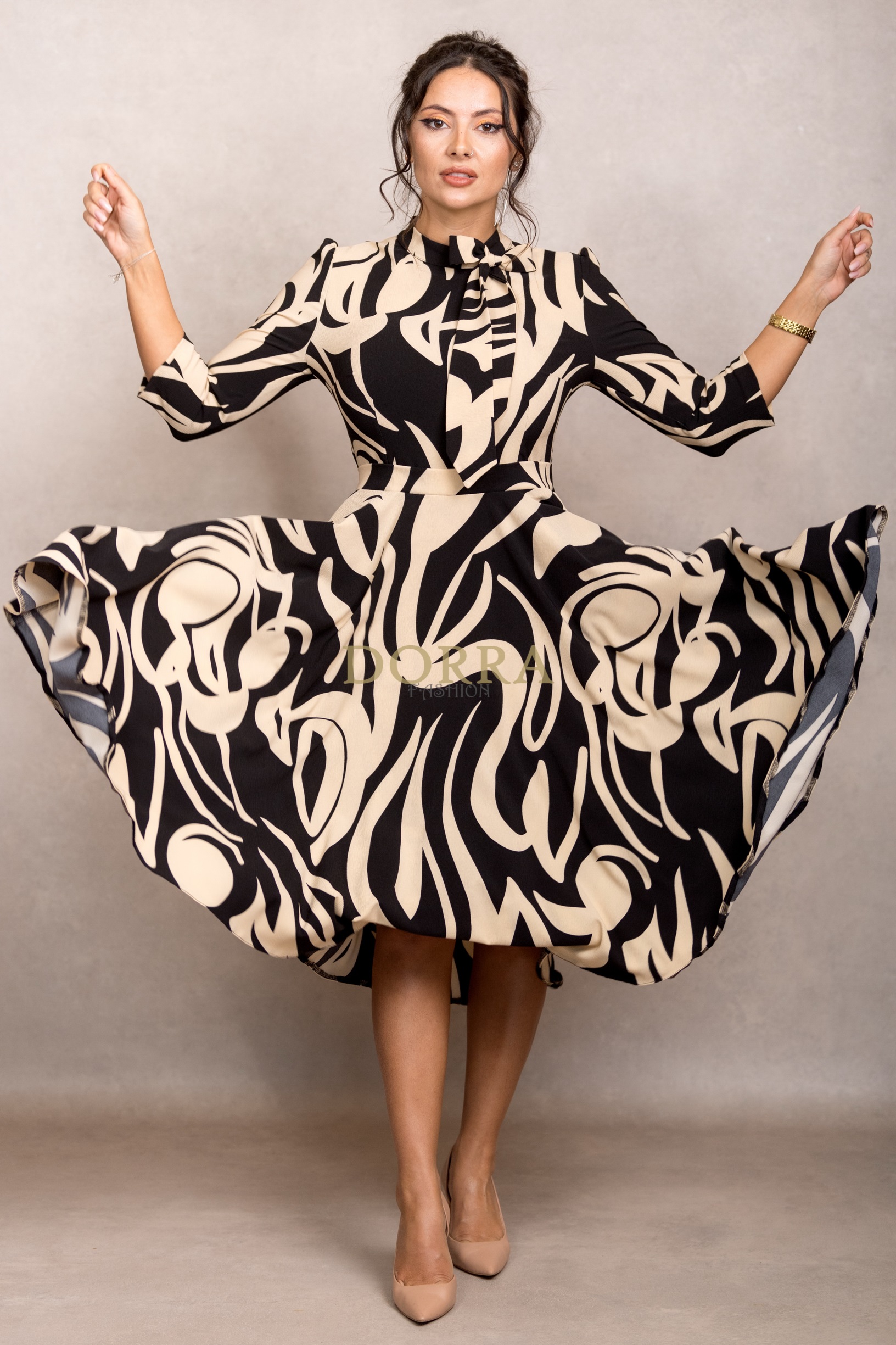 Rochie office Shila din stofă crem cu imprimeu abstract și fundă decorativă - imagine 6