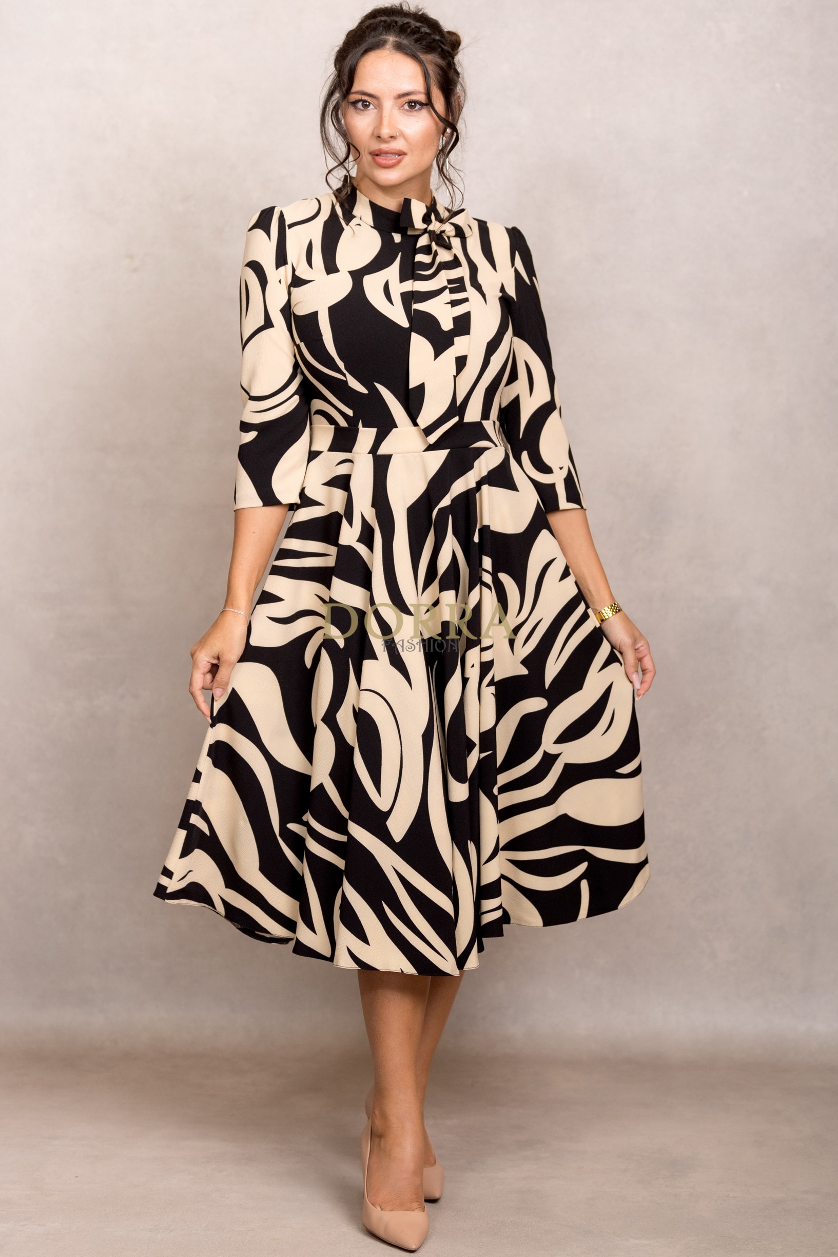Rochie office Shila din stofă crem cu imprimeu abstract și fundă decorativă - imagine 7