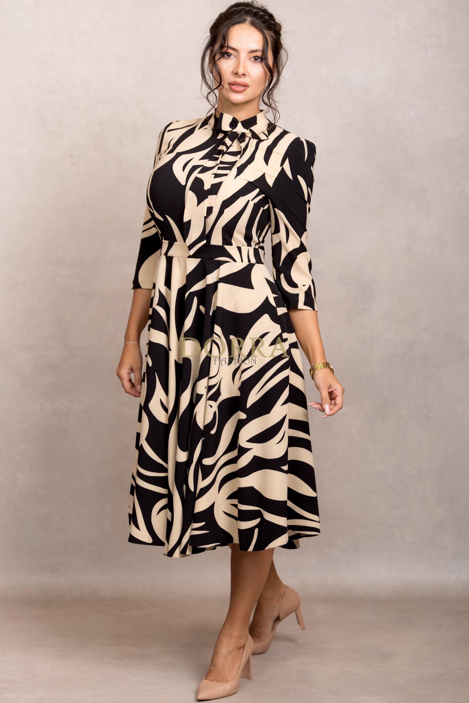 Rochie office Shila din stofă crem cu imprimeu abstract și fundă decorativă - imagine 5