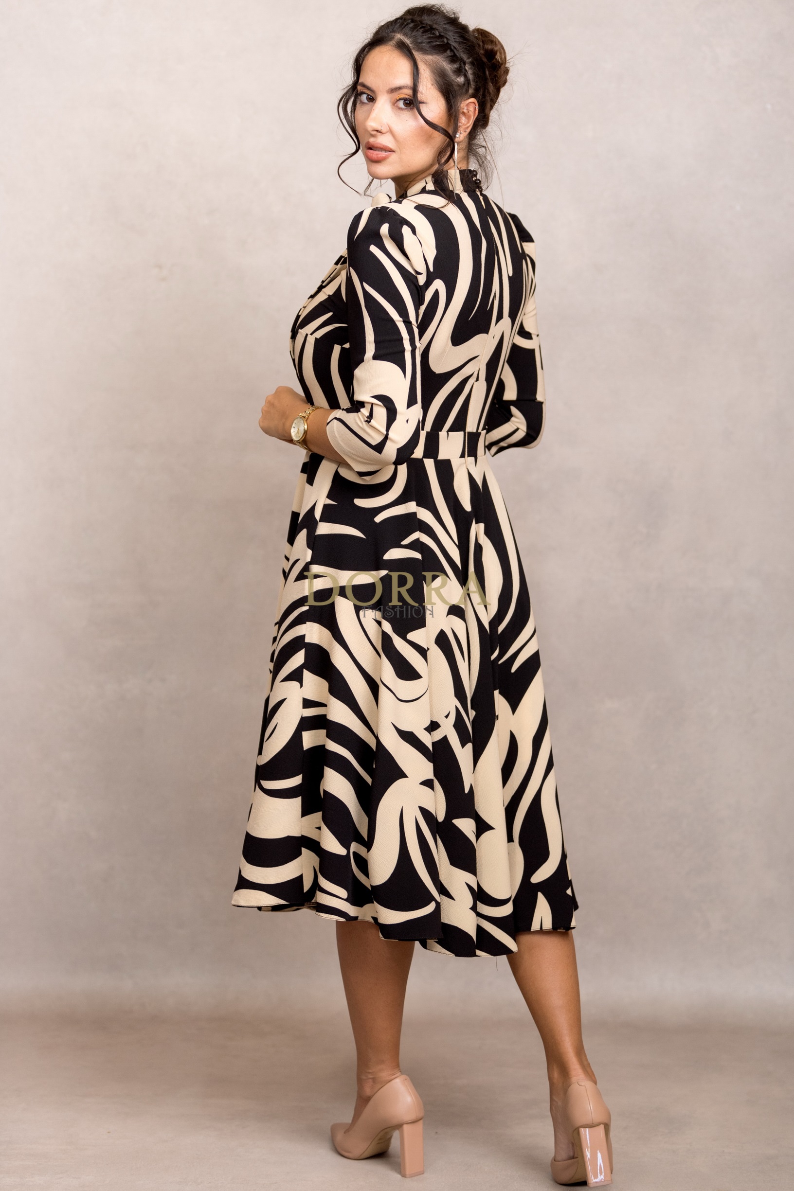 Rochie office Shila din stofă crem cu imprimeu abstract și fundă decorativă - imagine 2