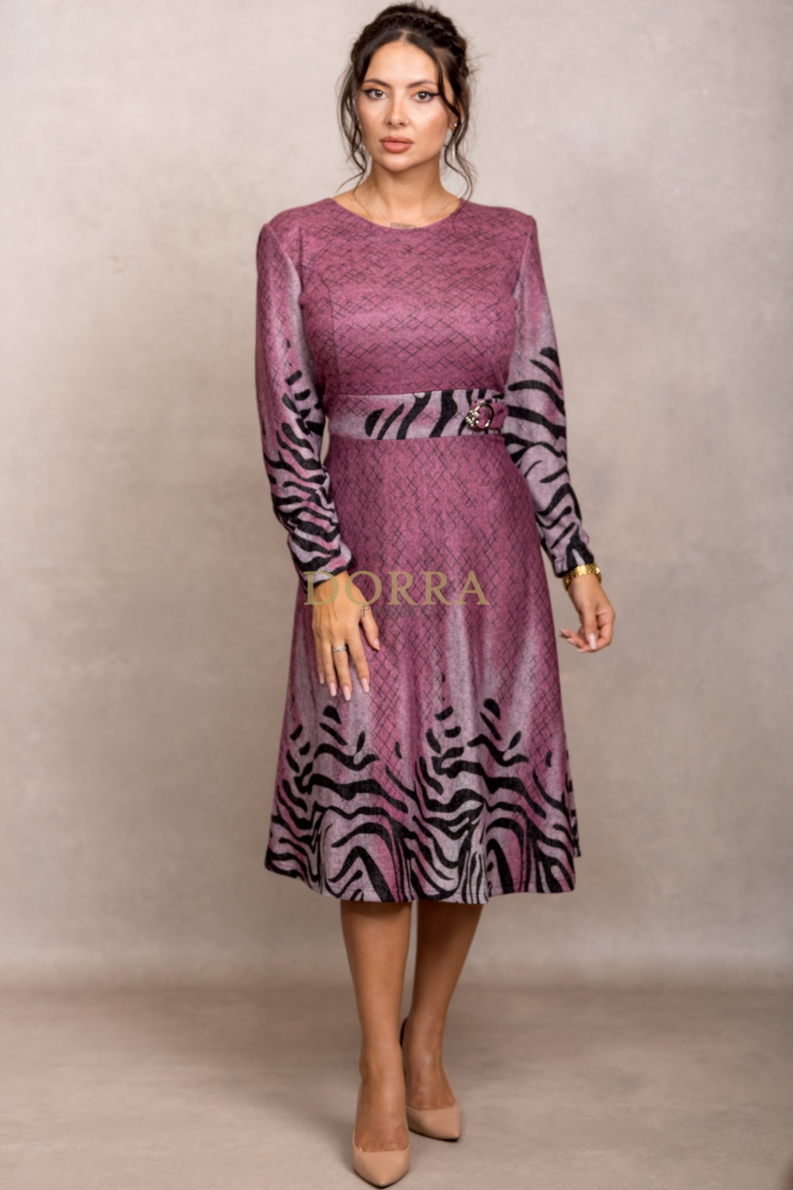 Rochie Andrada din tricot roz antic, mânecă lungă
