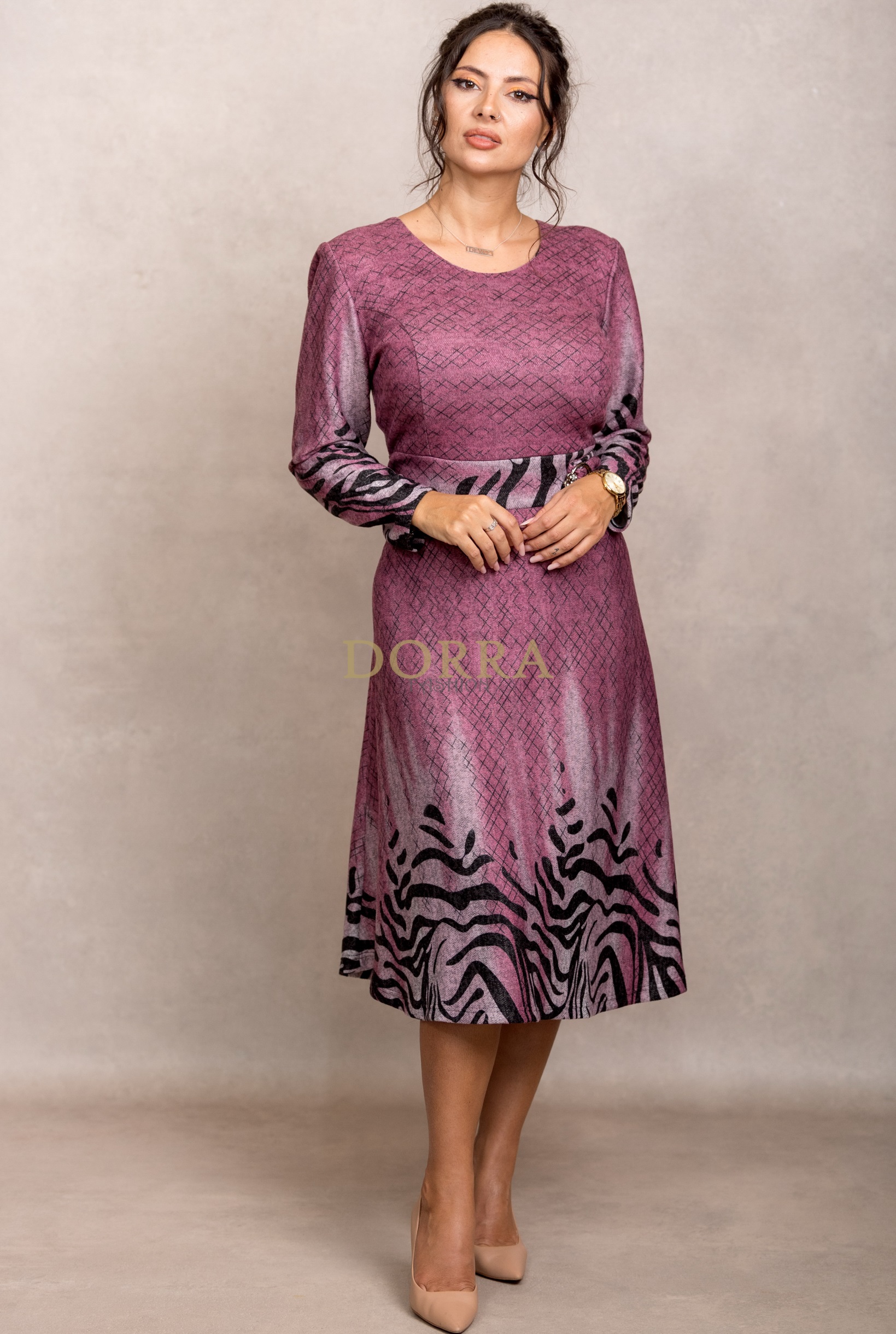 Rochie Andrada din tricot roz antic, mânecă lungă - imagine 6