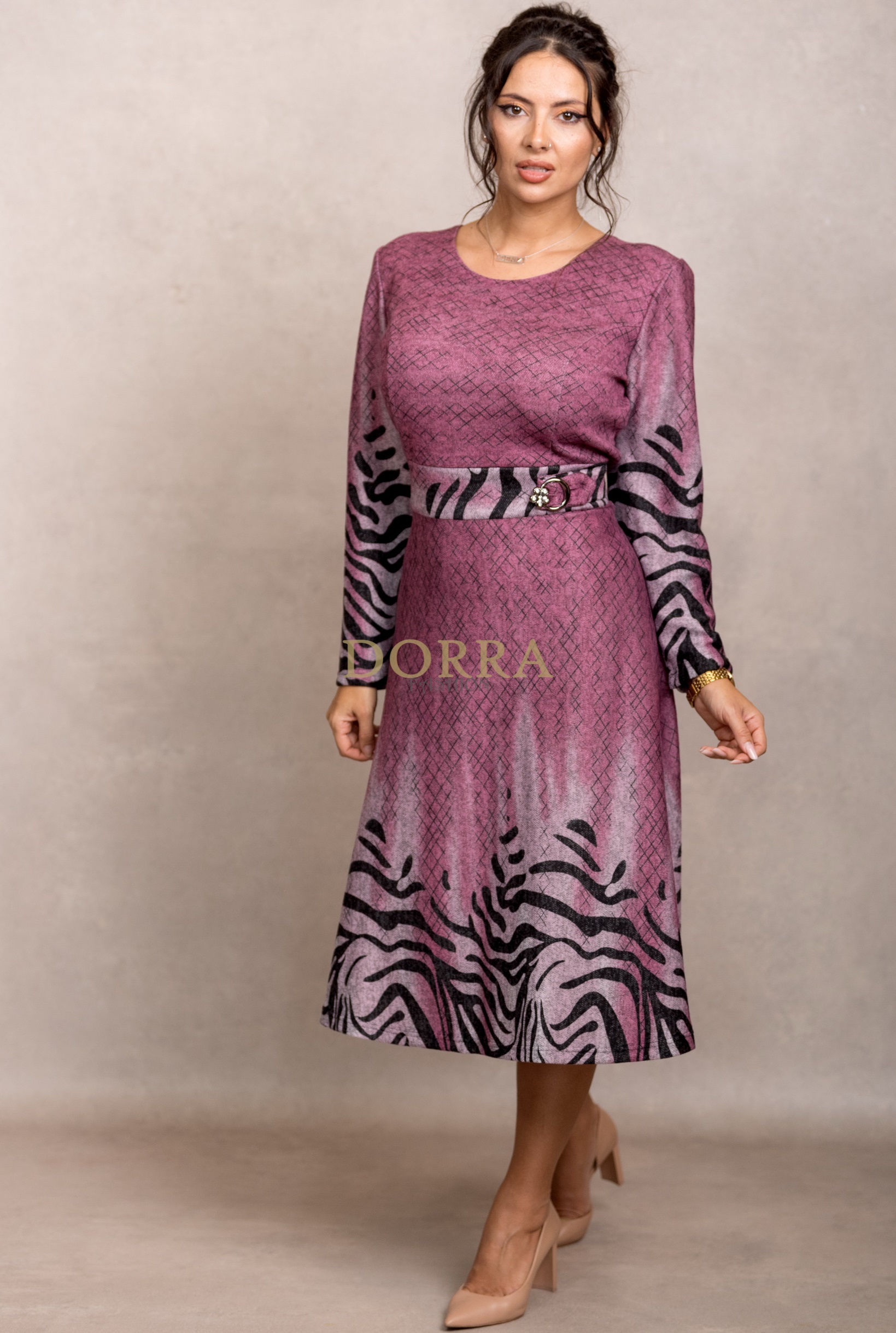 Rochie Andrada din tricot roz antic, mânecă lungă - imagine 5
