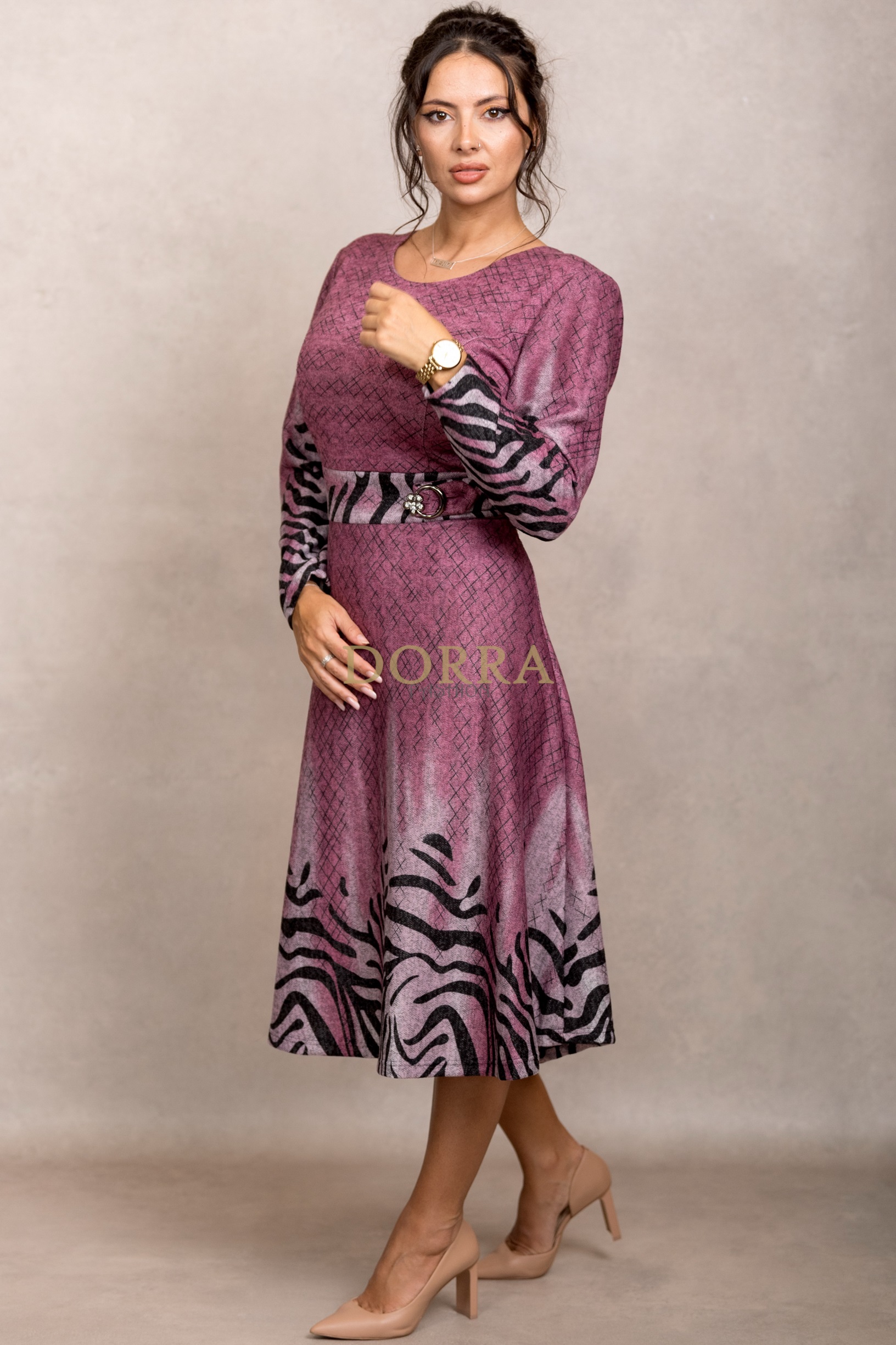 Rochie Andrada din tricot roz antic, mânecă lungă - imagine 3