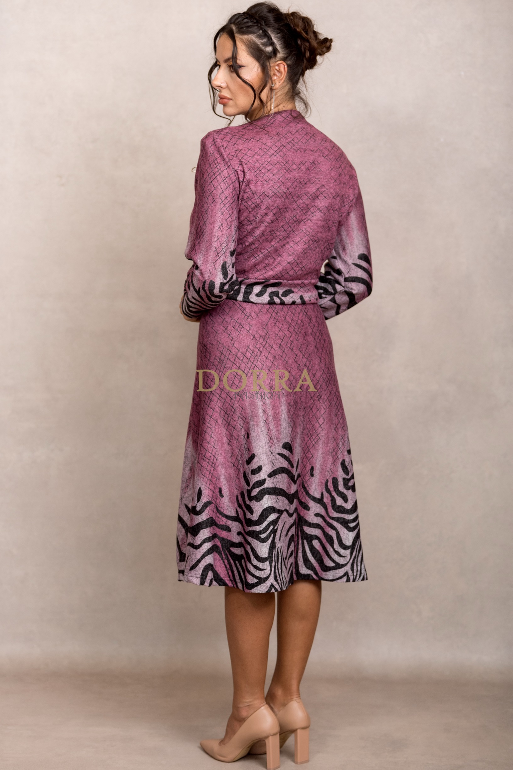 Rochie Andrada din tricot roz antic, mânecă lungă - imagine 2