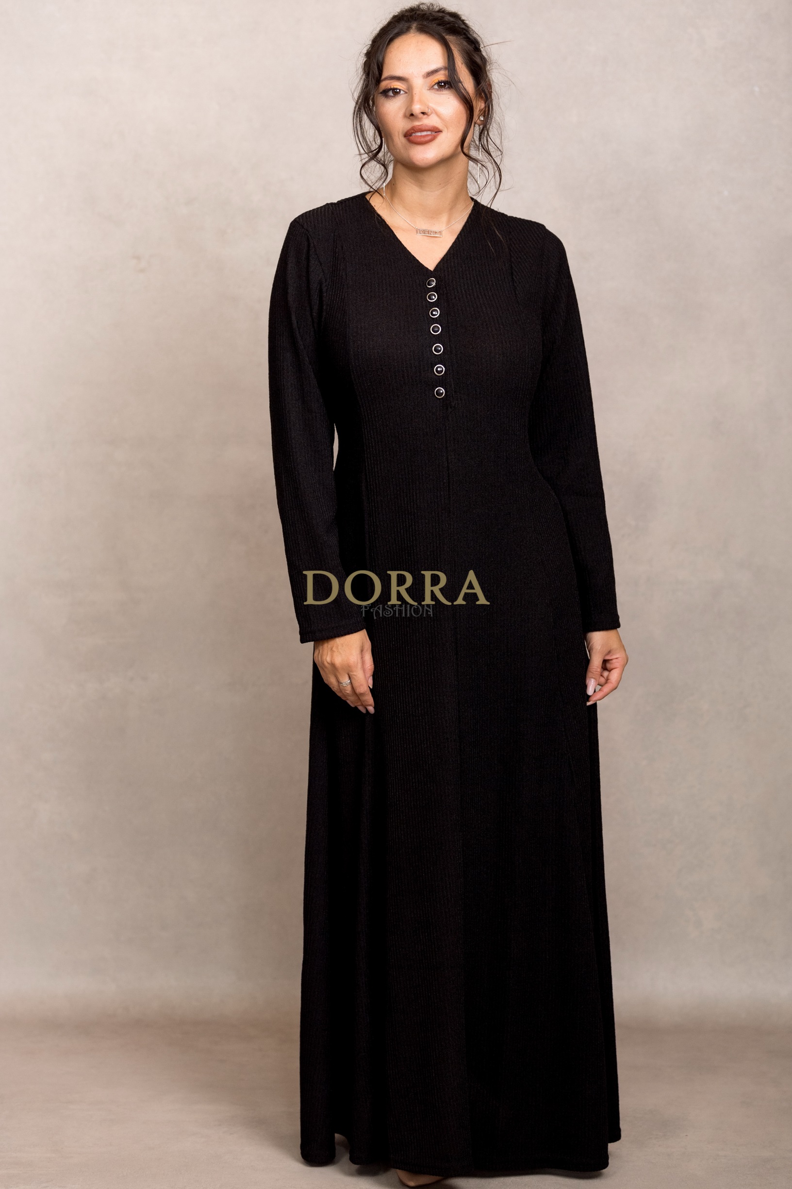 Rochie lungă Medina din tricot negru cu nasturi și cordon - imagine 6