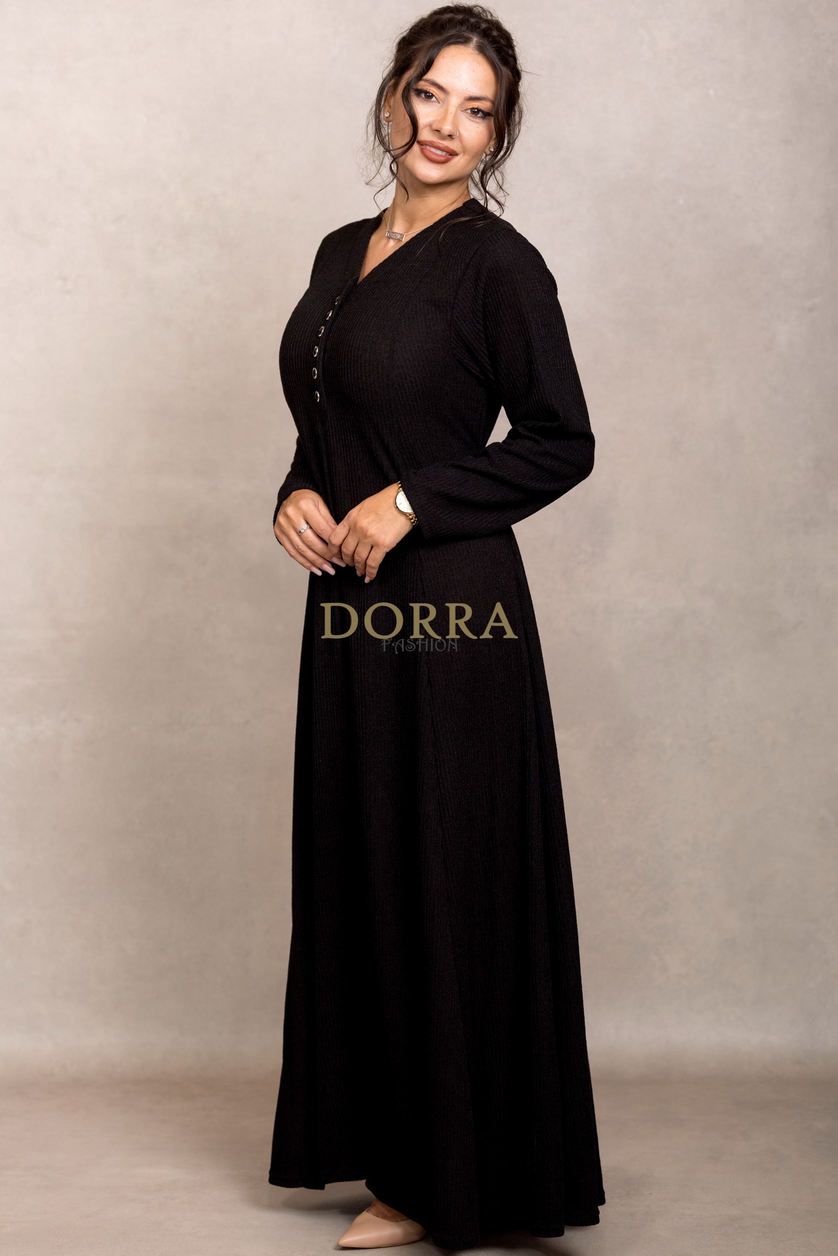 Rochie lungă Medina din tricot negru cu nasturi și cordon - imagine 5