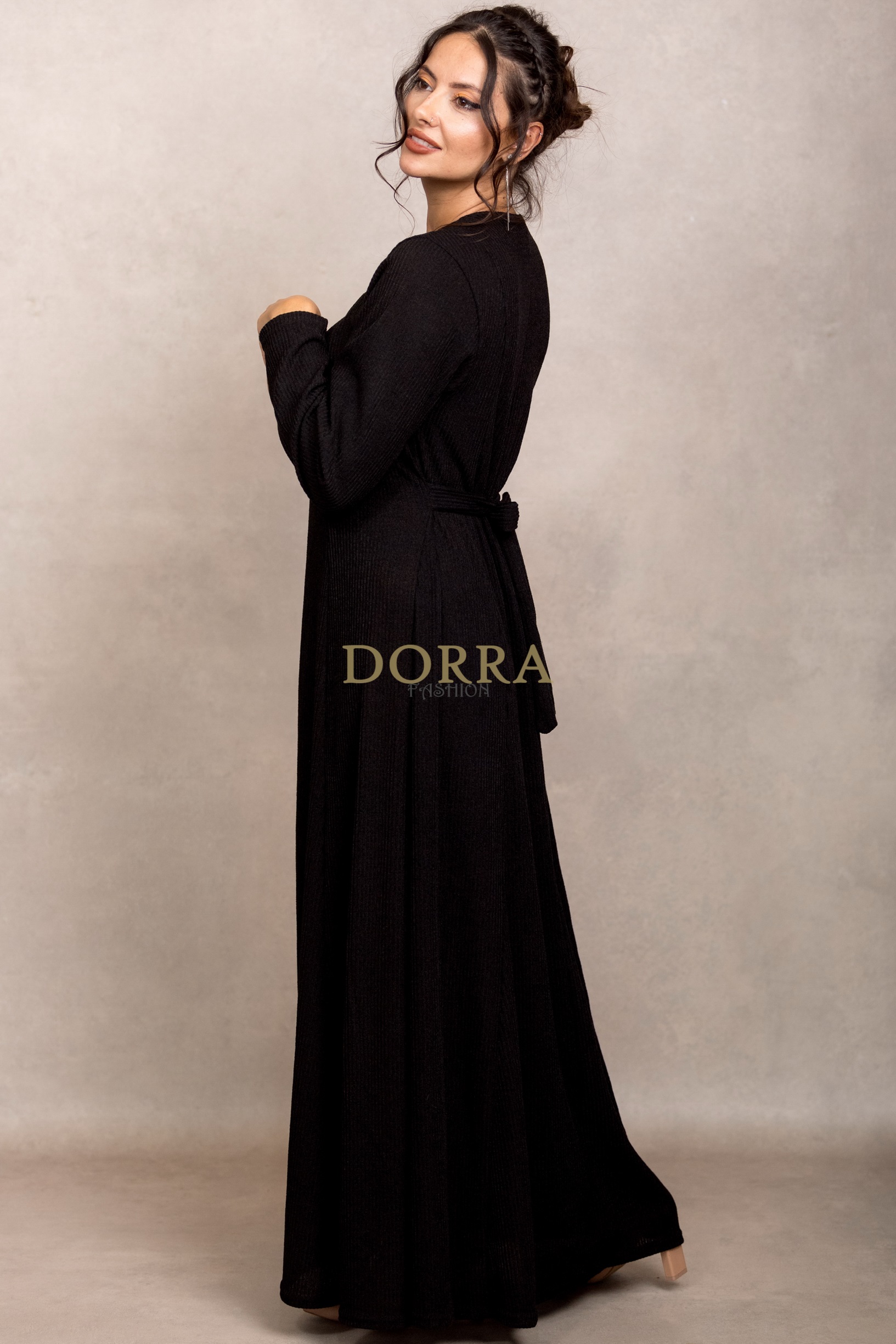 Rochie lungă Medina din tricot negru cu nasturi și cordon - imagine 3