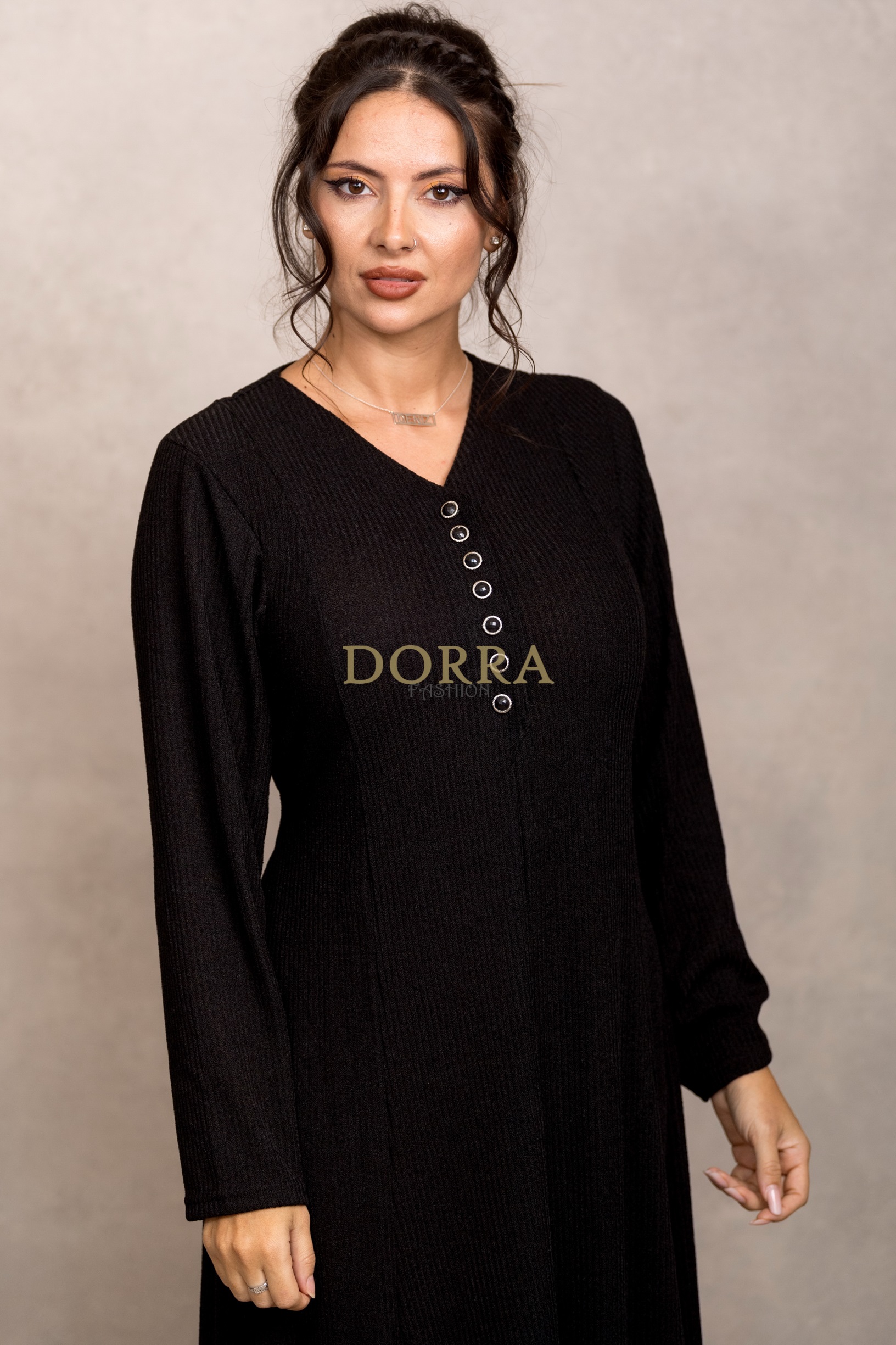 Rochie lungă Medina din tricot negru cu nasturi și cordon - imagine 4
