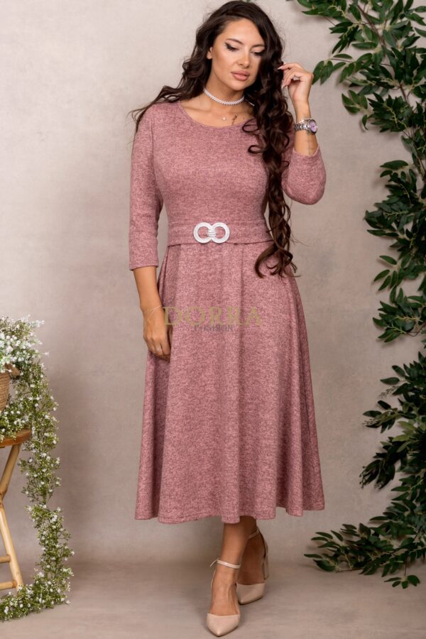 Rochie midi Rahella din jerse roz prăfuit cu cataramă în talie