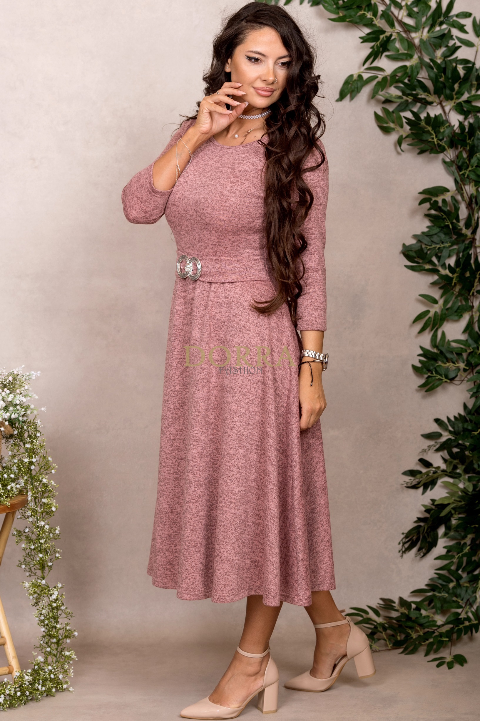 Rochie midi Rahella din jerse roz prăfuit cu cataramă în talie - imagine 3