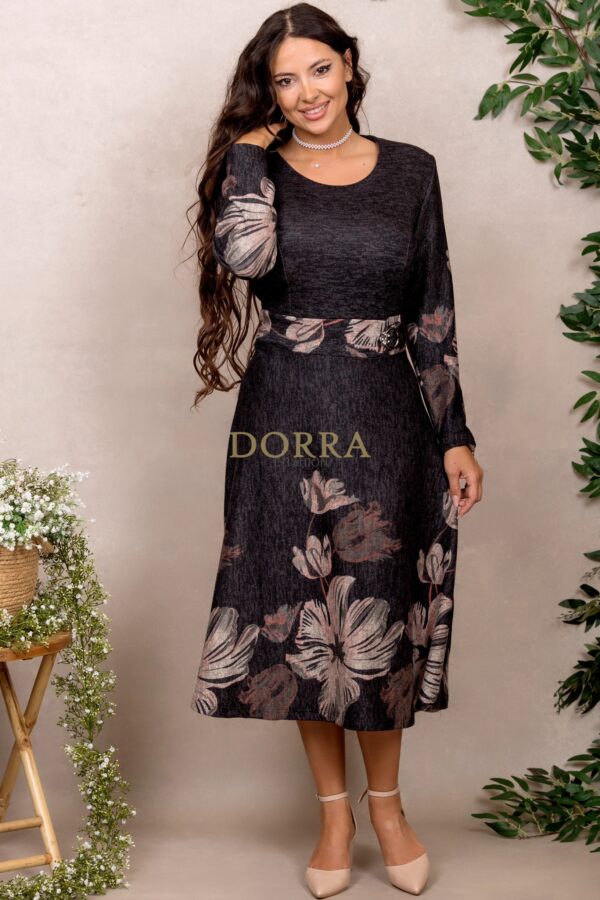 Rochie Andrada din tricot gri antracit cu imprimeu floral și cataramă