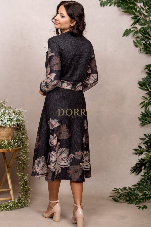 Rochie Andrada din tricot gri antracit cu imprimeu floral și cataramă - imagine 2