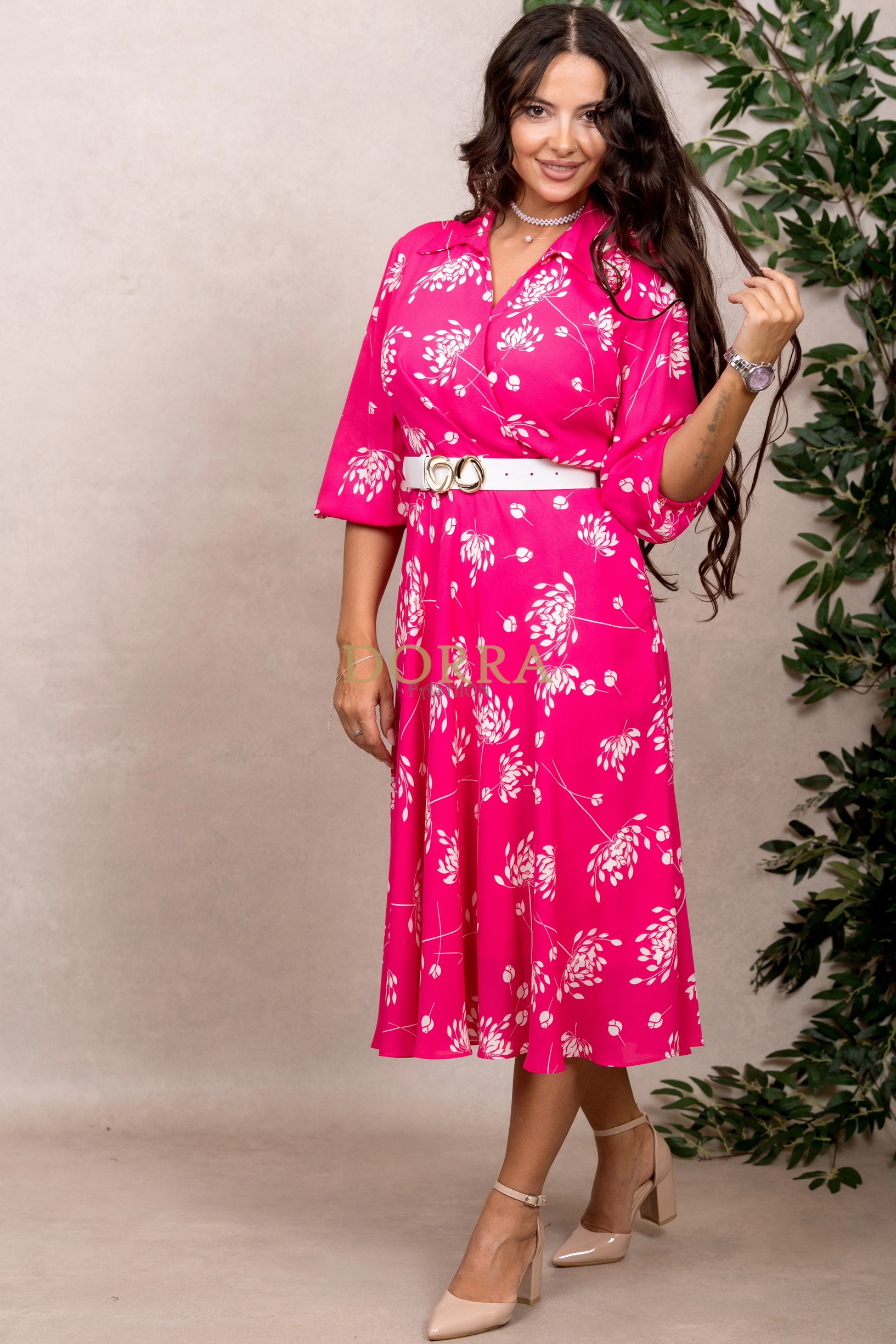 Rochie midi de ocazie Lilia din tripluvoal ciclamen imprimat, cu curea - imagine 4