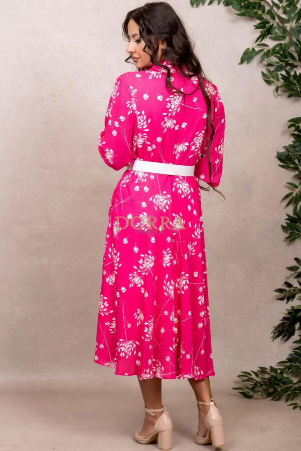Rochie midi de ocazie Lilia din tripluvoal ciclamen imprimat, cu curea - imagine 2