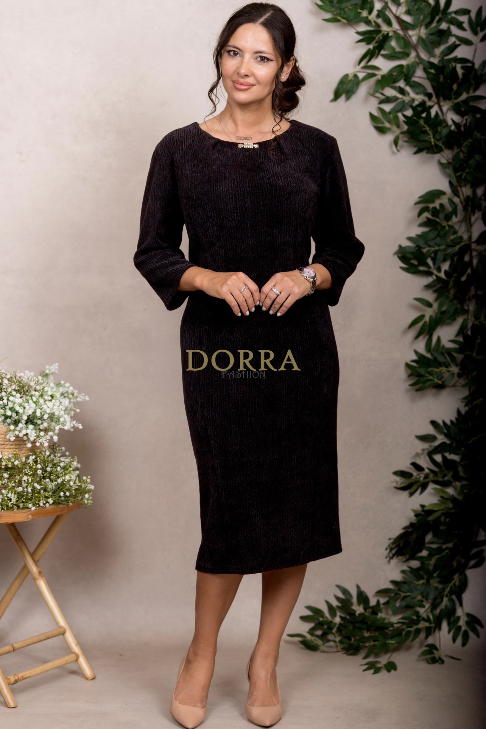 Rochie cocktail Sonia din catifea neagră cu model jacquard