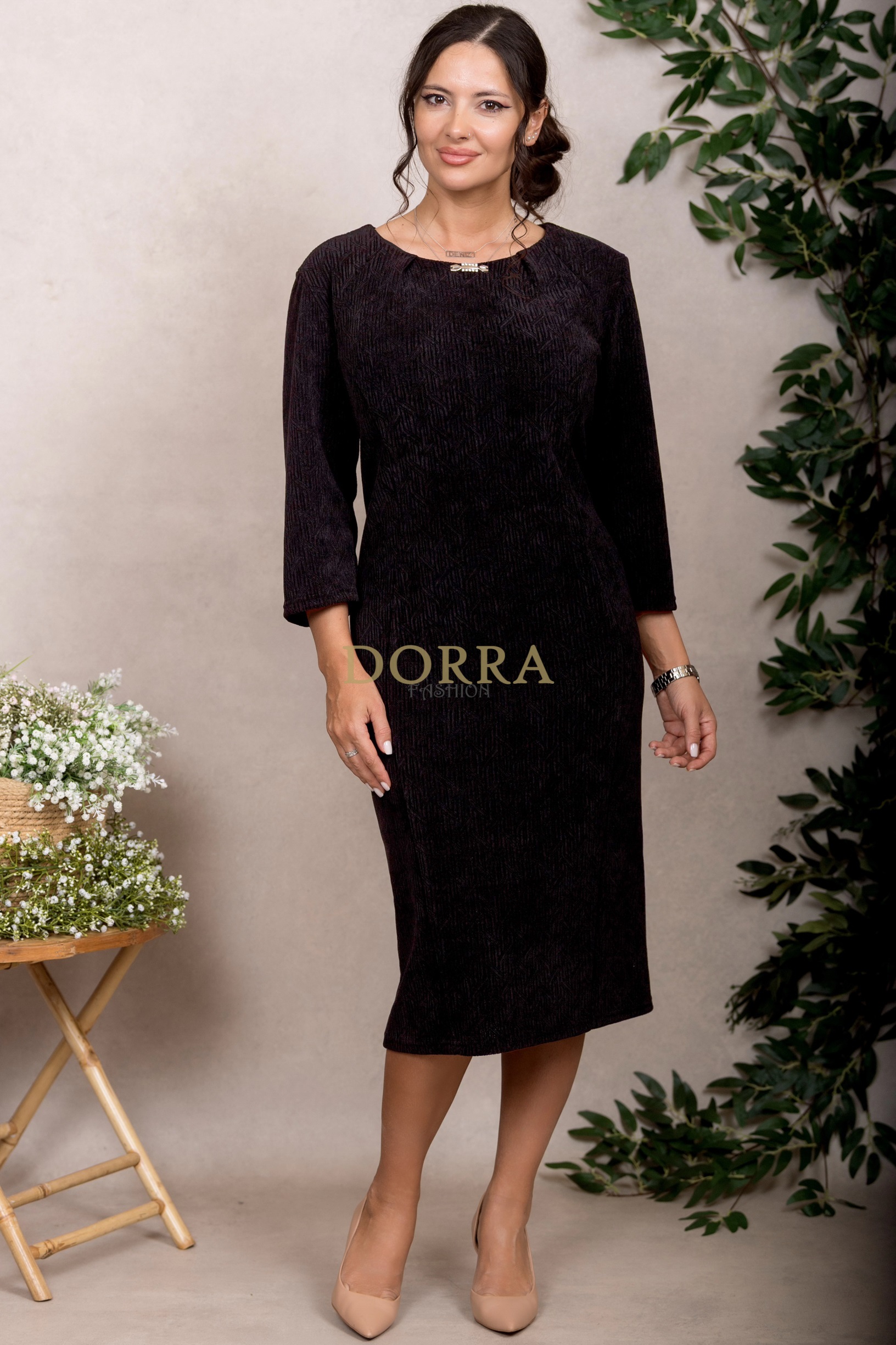 Rochie cocktail Sonia din catifea neagră cu model jacquard - imagine 5