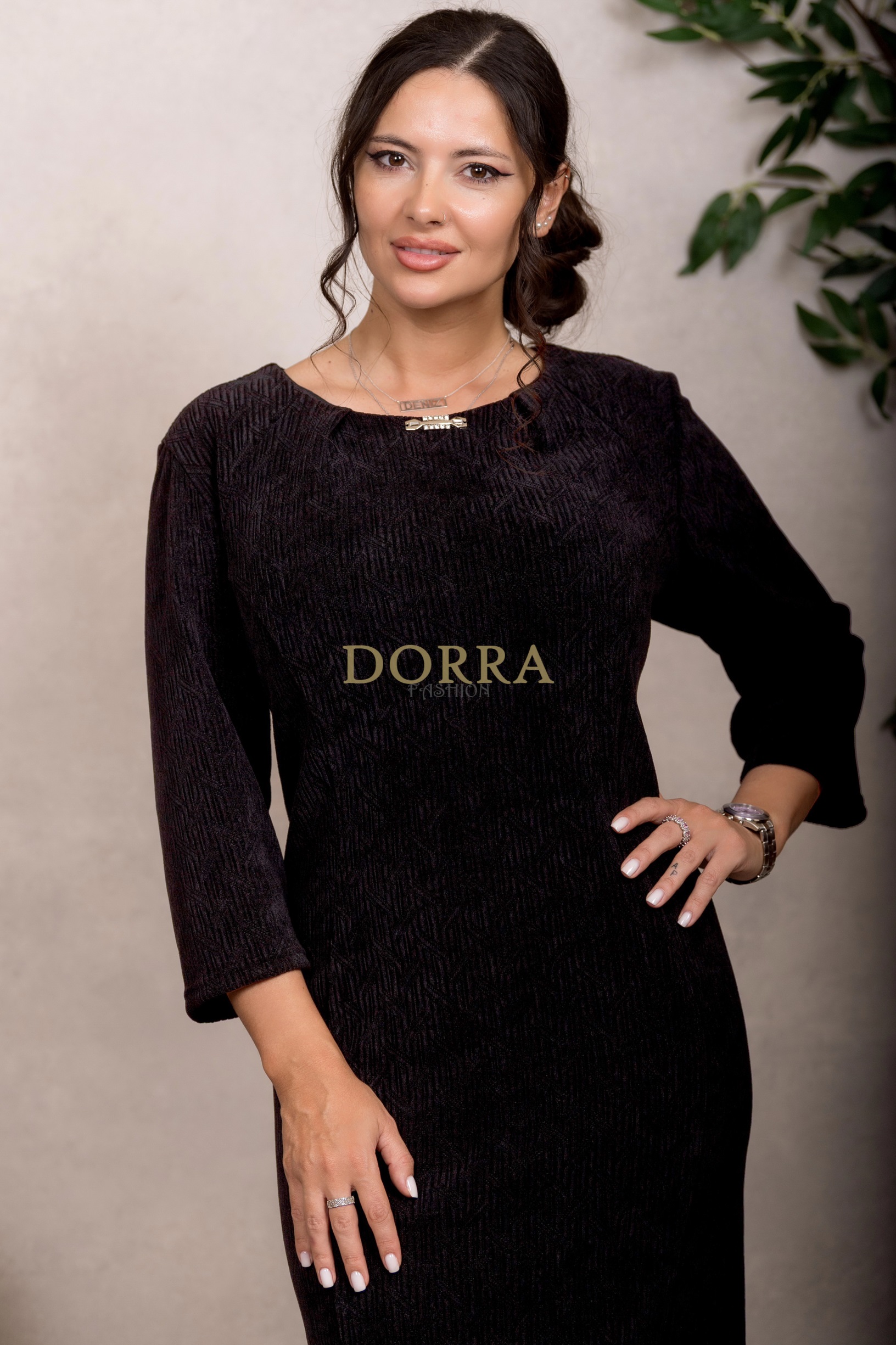 Rochie cocktail Sonia din catifea neagră cu model jacquard - imagine 2