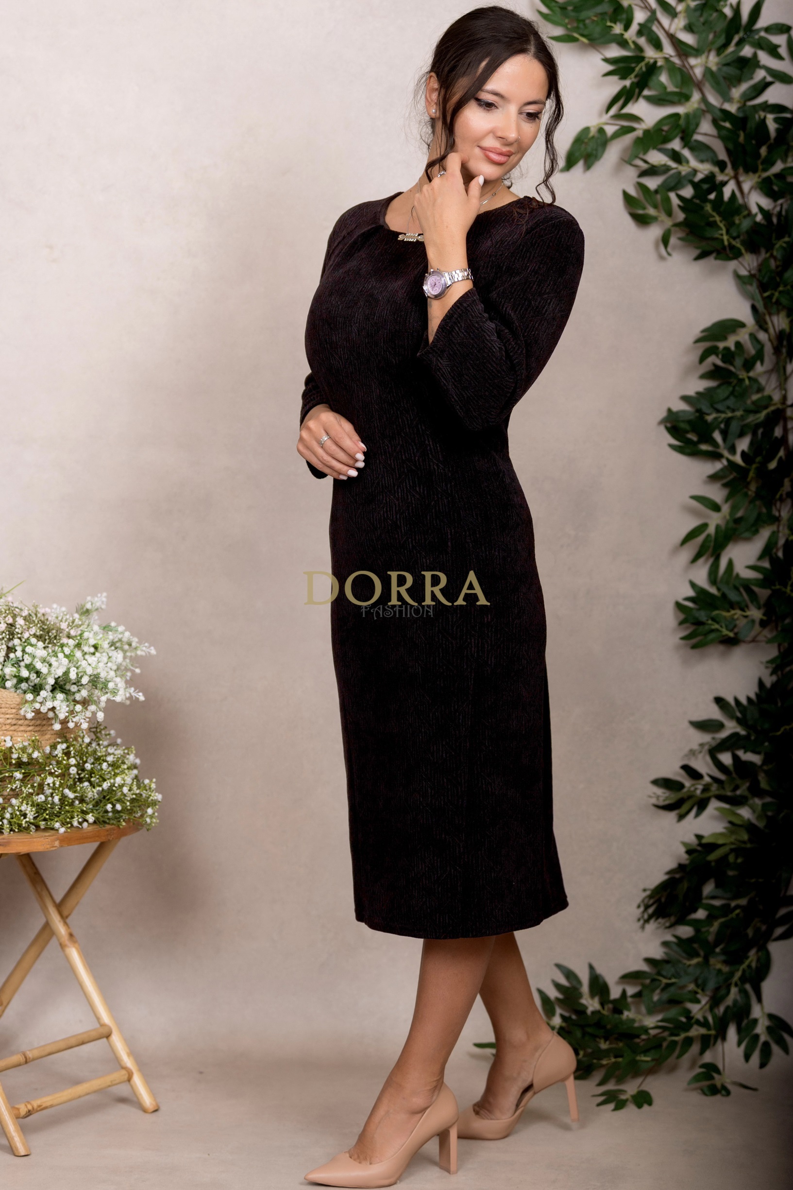 Rochie cocktail Sonia din catifea neagră cu model jacquard - imagine 3