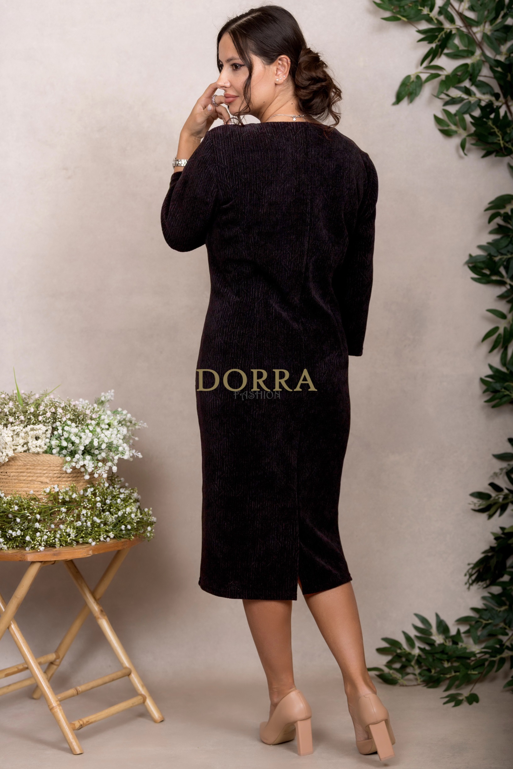 Rochie cocktail Sonia din catifea neagră cu model jacquard - imagine 6