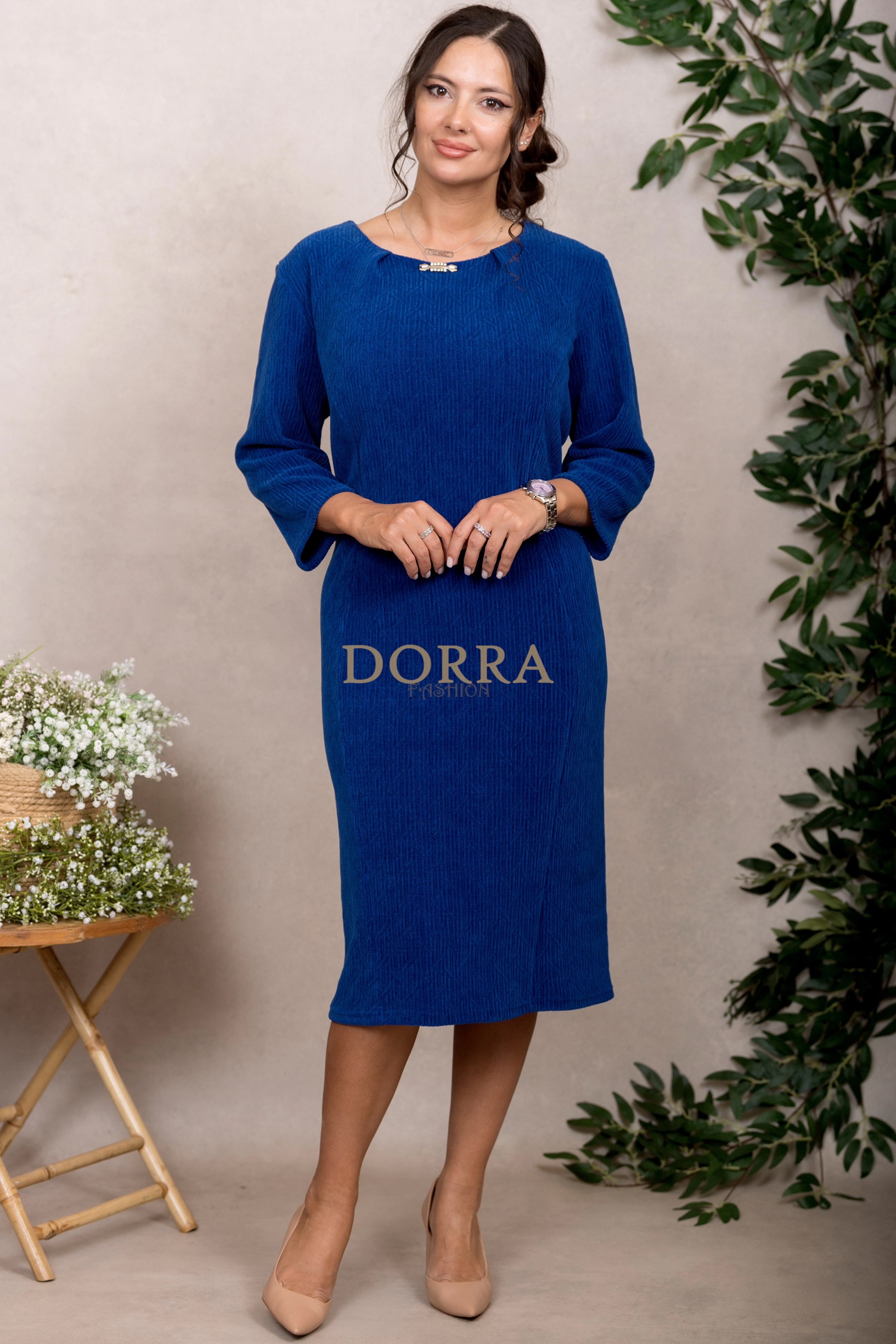Rochie cocktail Sonia din catifea albastră cu model jacquard - imagine 5