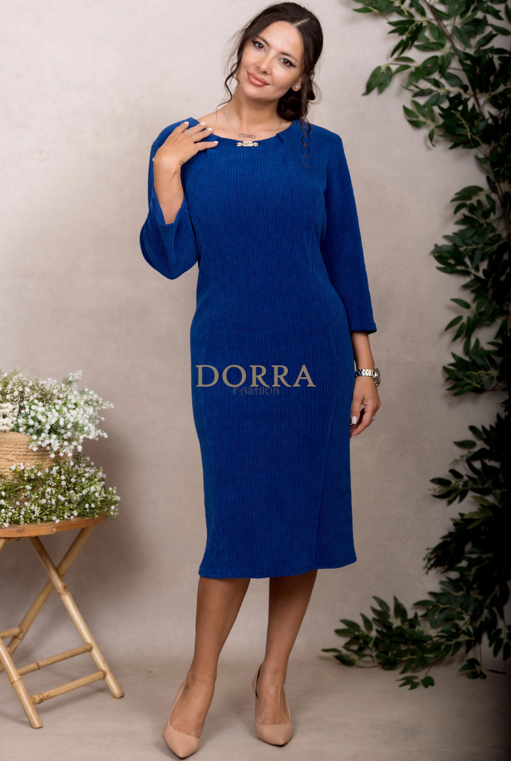 Rochie cocktail Sonia din catifea albastră cu model jacquard