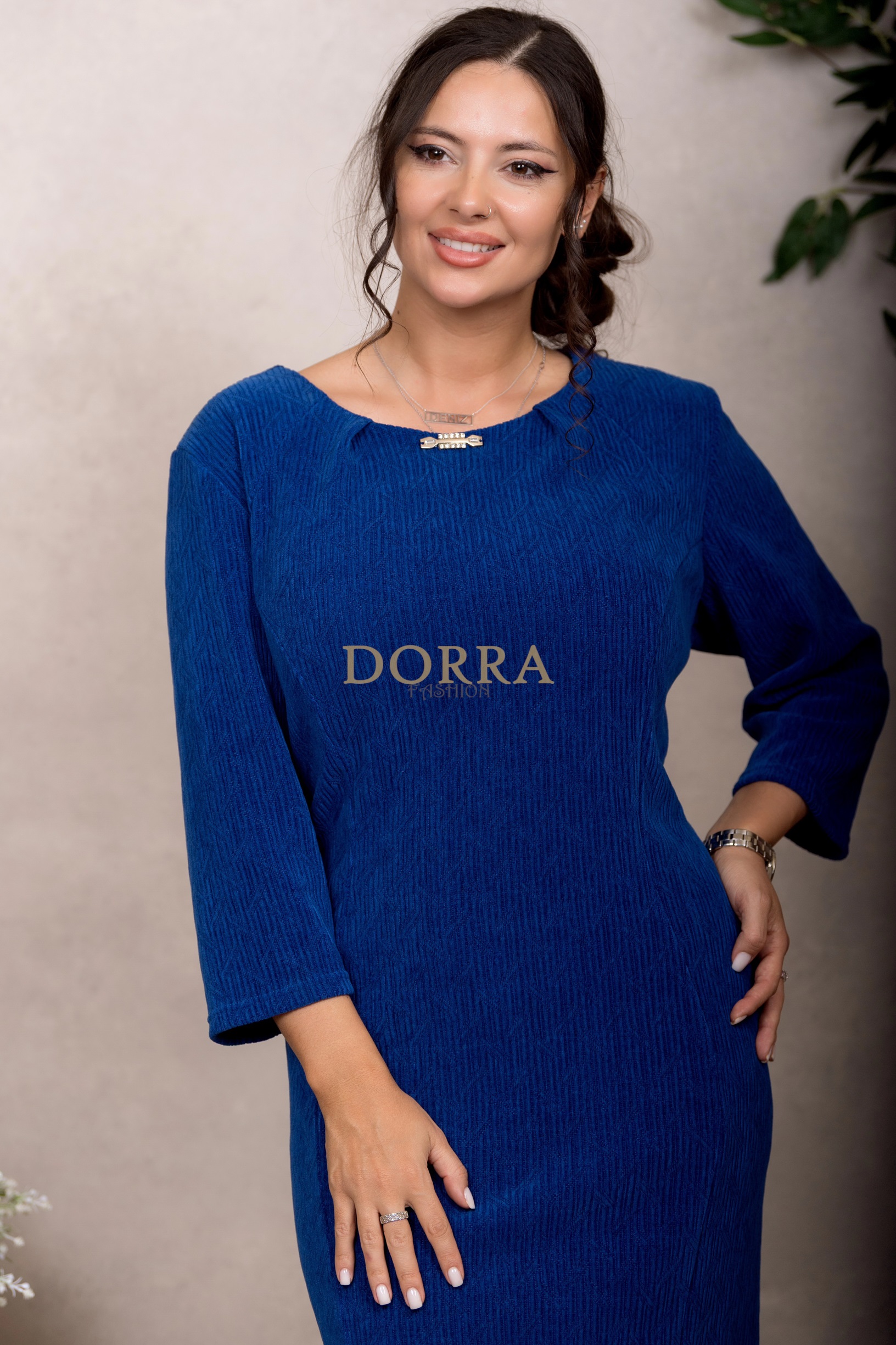 Rochie cocktail Sonia din catifea albastră cu model jacquard - imagine 6