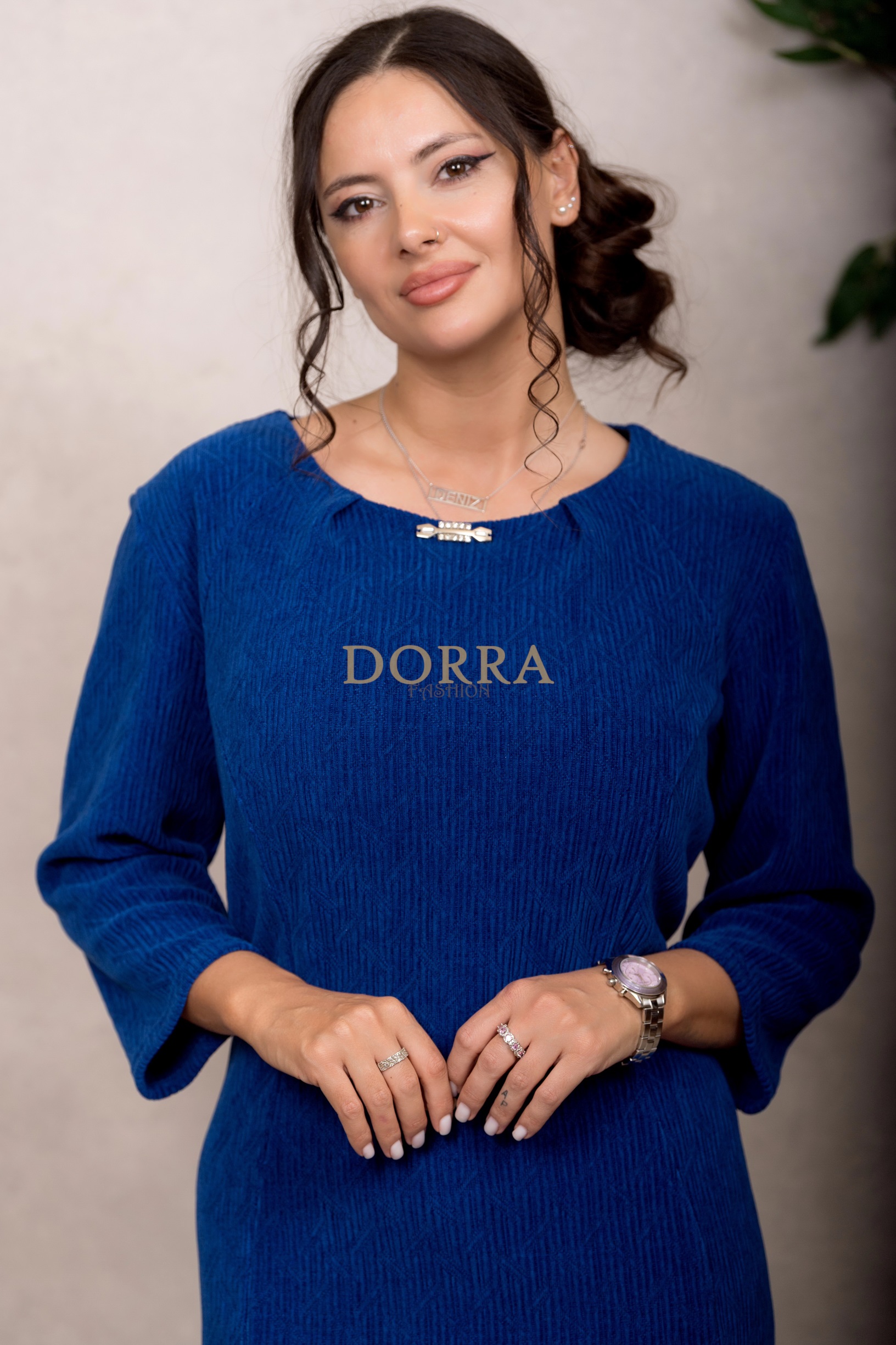 Rochie cocktail Sonia din catifea albastră cu model jacquard - imagine 2