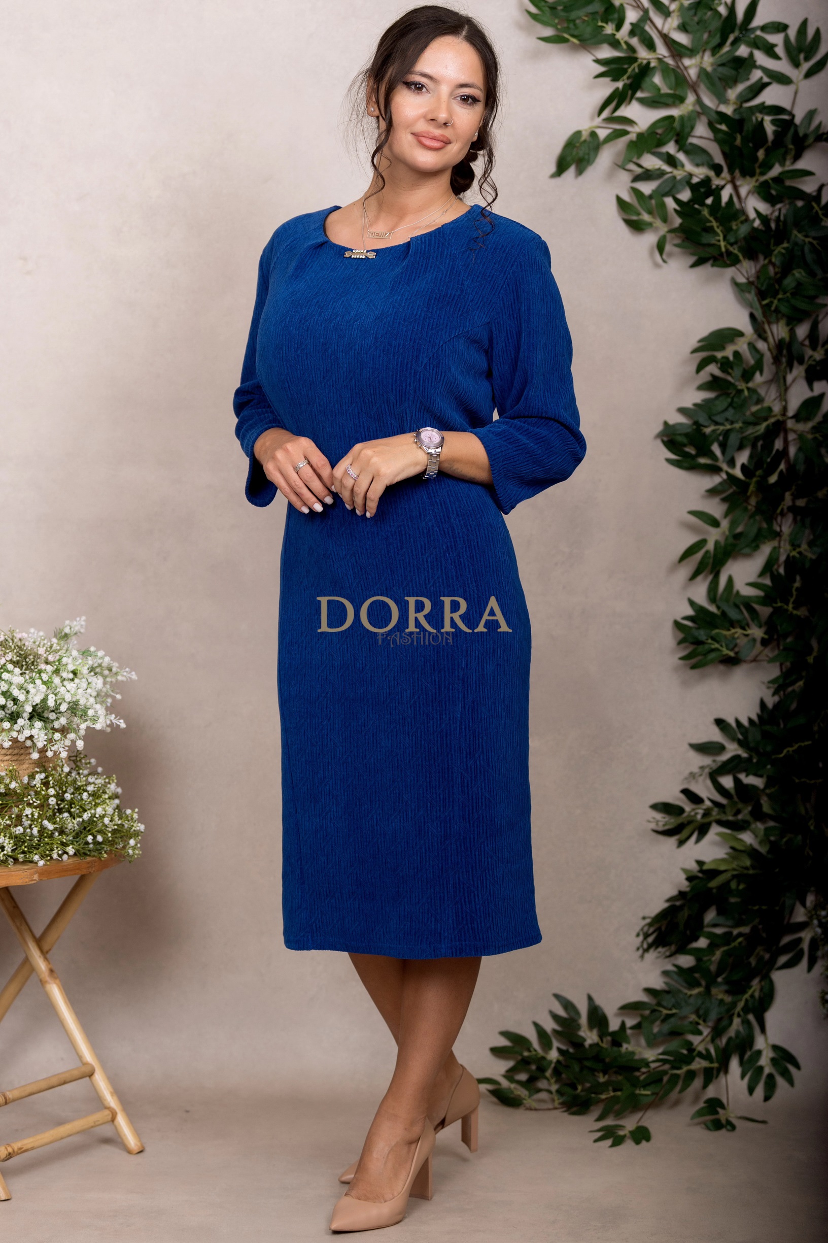 Rochie cocktail Sonia din catifea albastră cu model jacquard - imagine 3