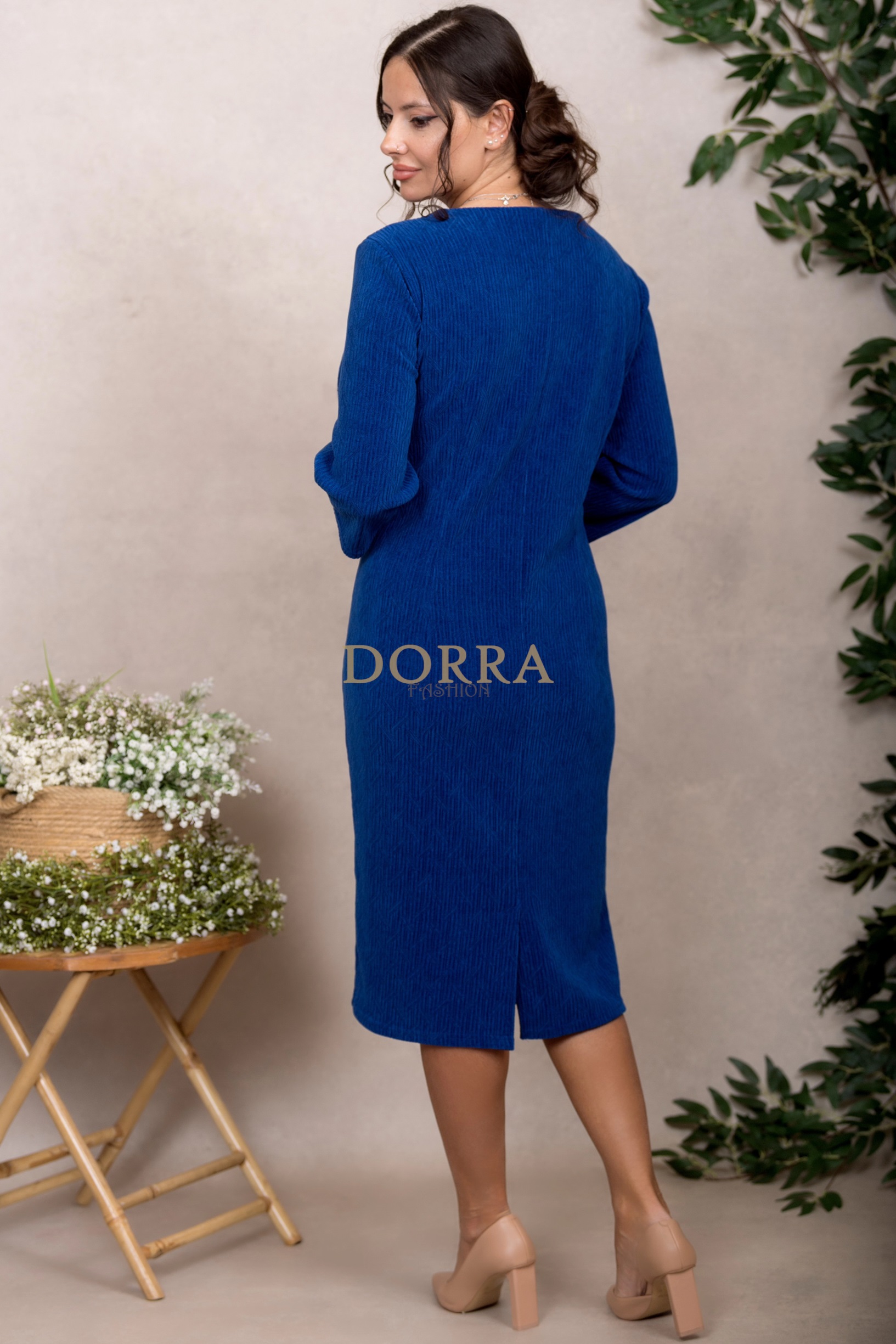 Rochie cocktail Sonia din catifea albastră cu model jacquard - imagine 4