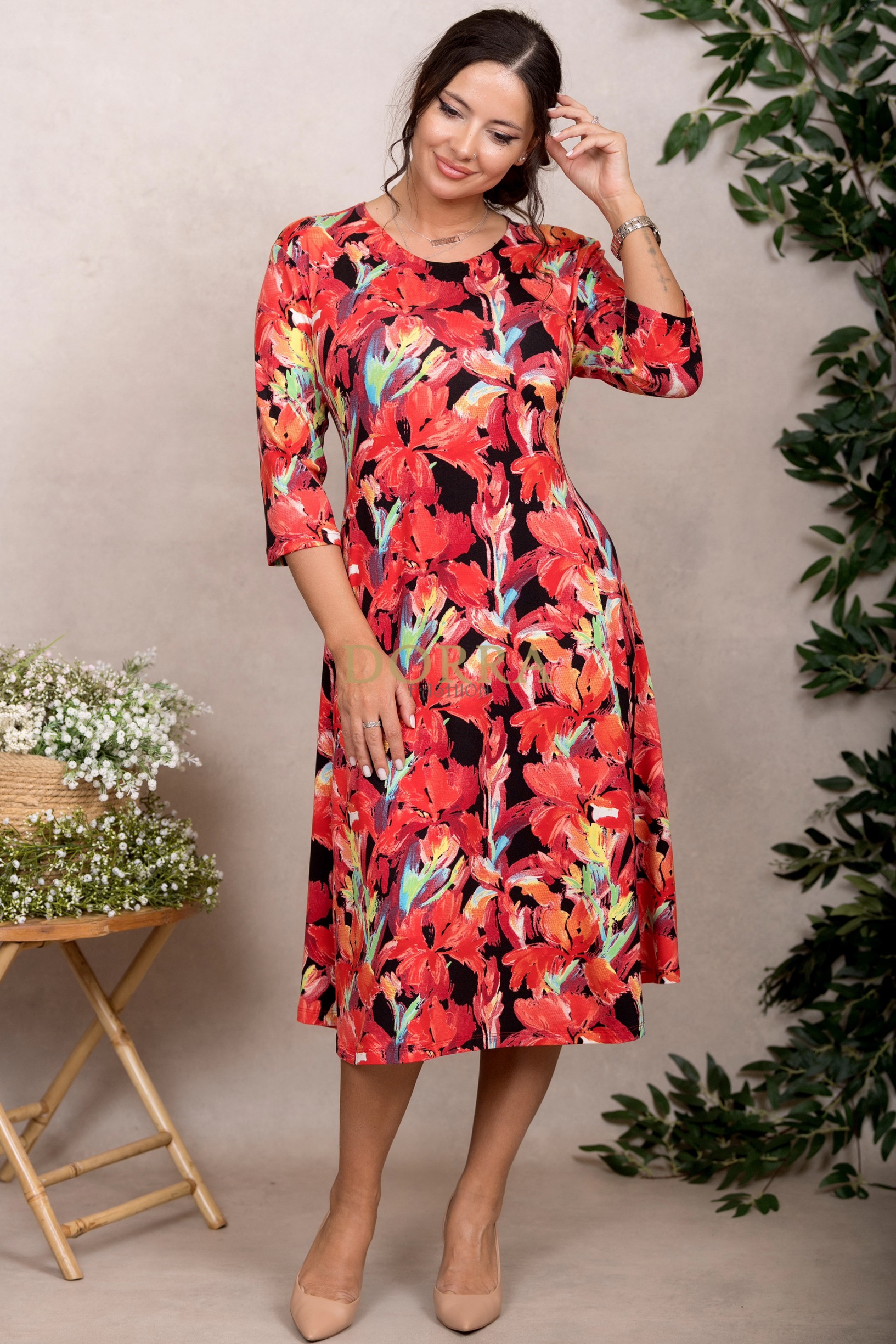 Rochie de zi Canta din jerse de bumbac roșu cu imprimeu floral