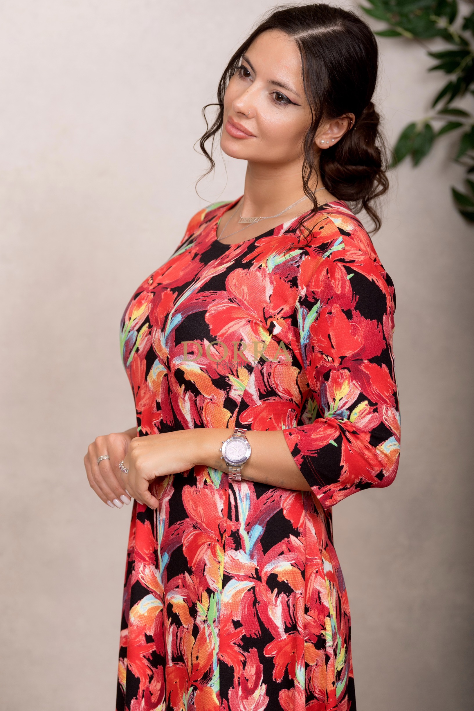 Rochie de zi Canta din jerse de bumbac roșu cu imprimeu floral - imagine 5