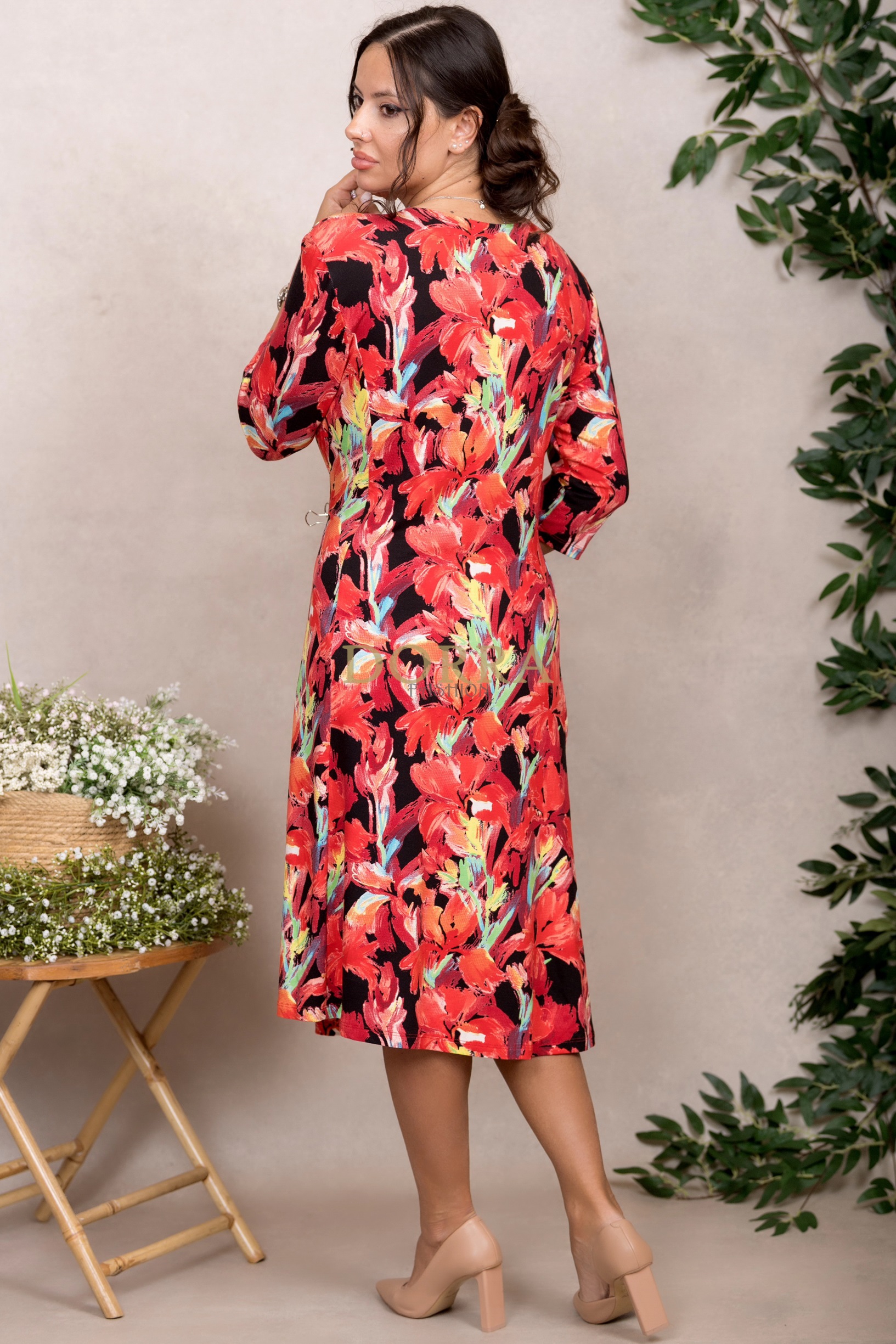 Rochie de zi Canta din jerse de bumbac roșu cu imprimeu floral - imagine 2