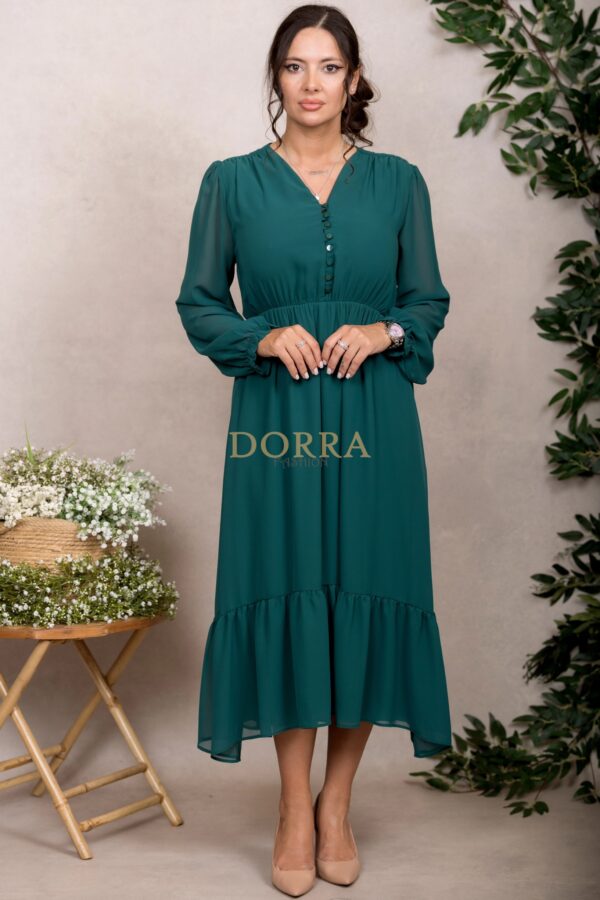Rochie midi Kimberly din voal verde cu mâneci lungi și volan