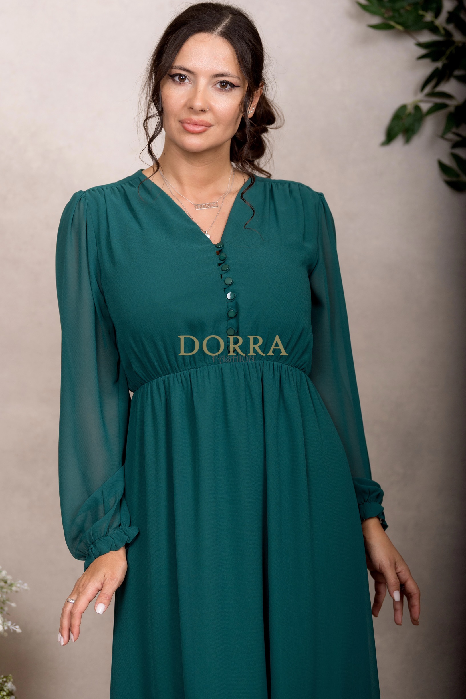 Rochie midi Kimberly din voal verde cu mâneci lungi și volan - imagine 4