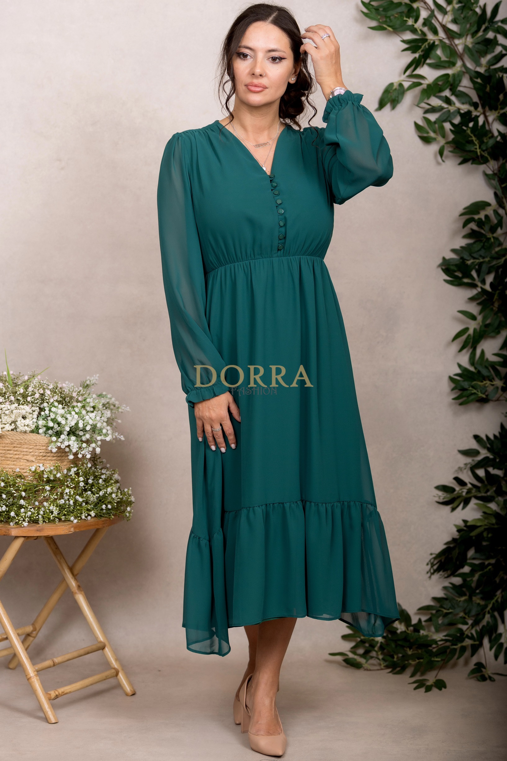 Rochie midi Kimberly din voal verde cu mâneci lungi și volan - imagine 5