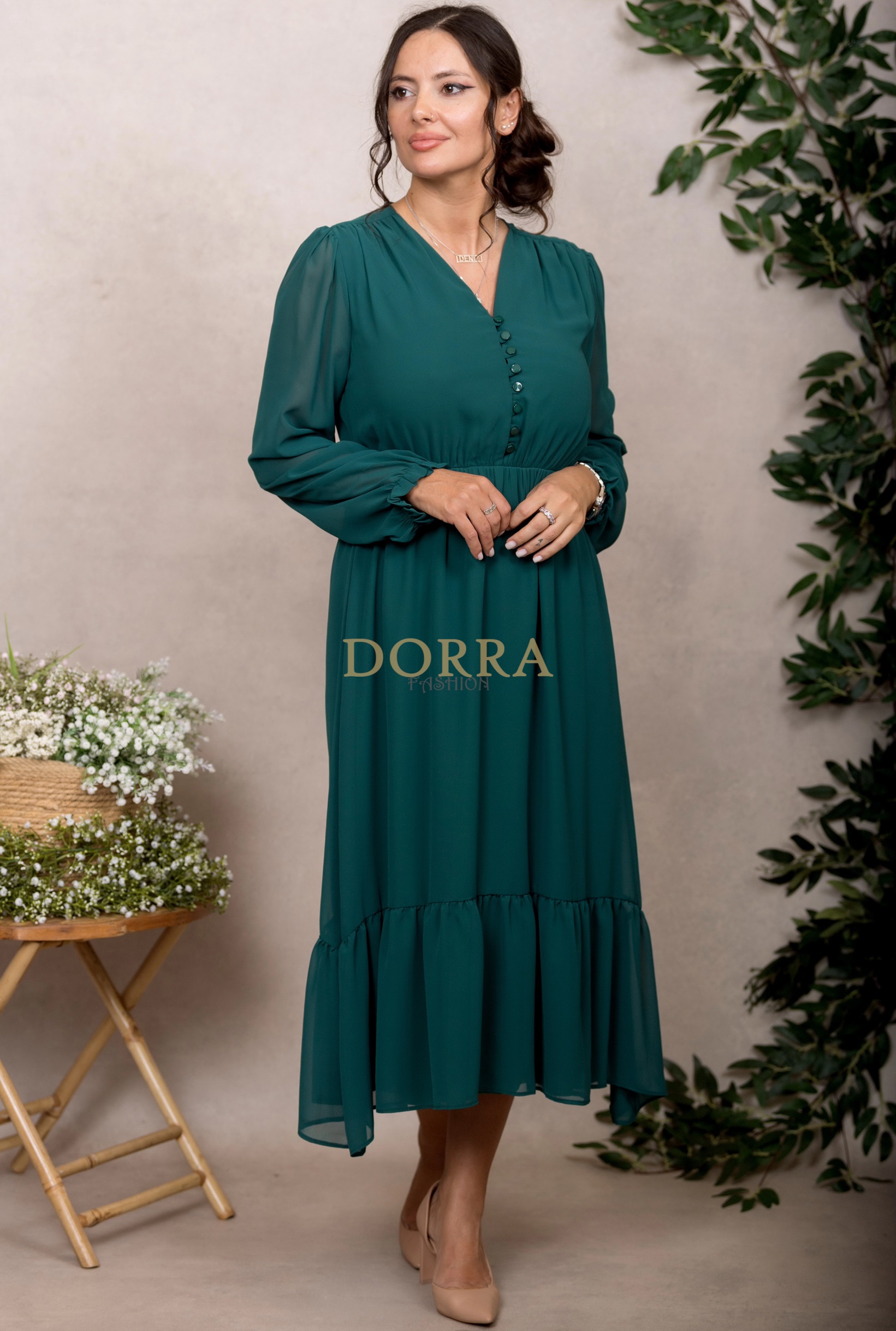 Rochie midi Kimberly din voal verde cu mâneci lungi și volan - imagine 7