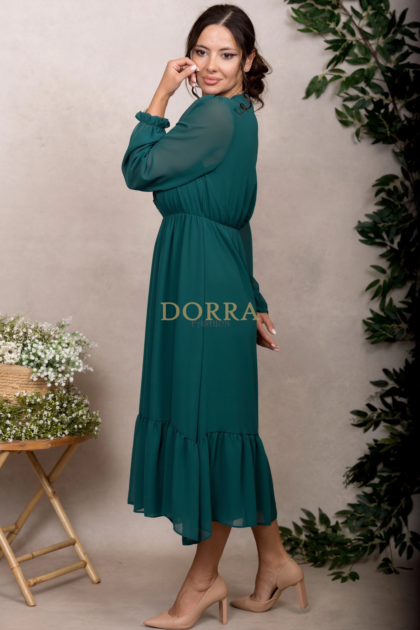Rochie midi Kimberly din voal verde cu mâneci lungi și volan - imagine 6