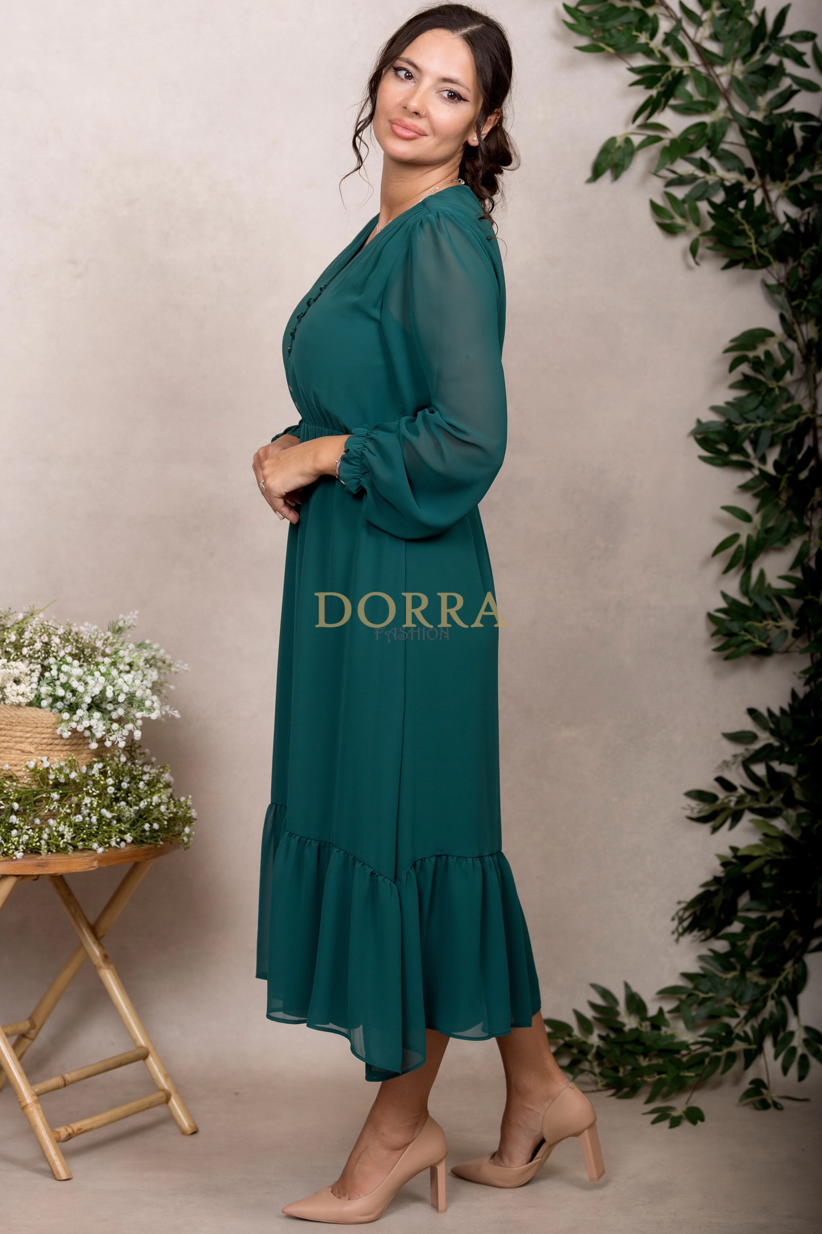 Rochie midi Kimberly din voal verde cu mâneci lungi și volan - imagine 3
