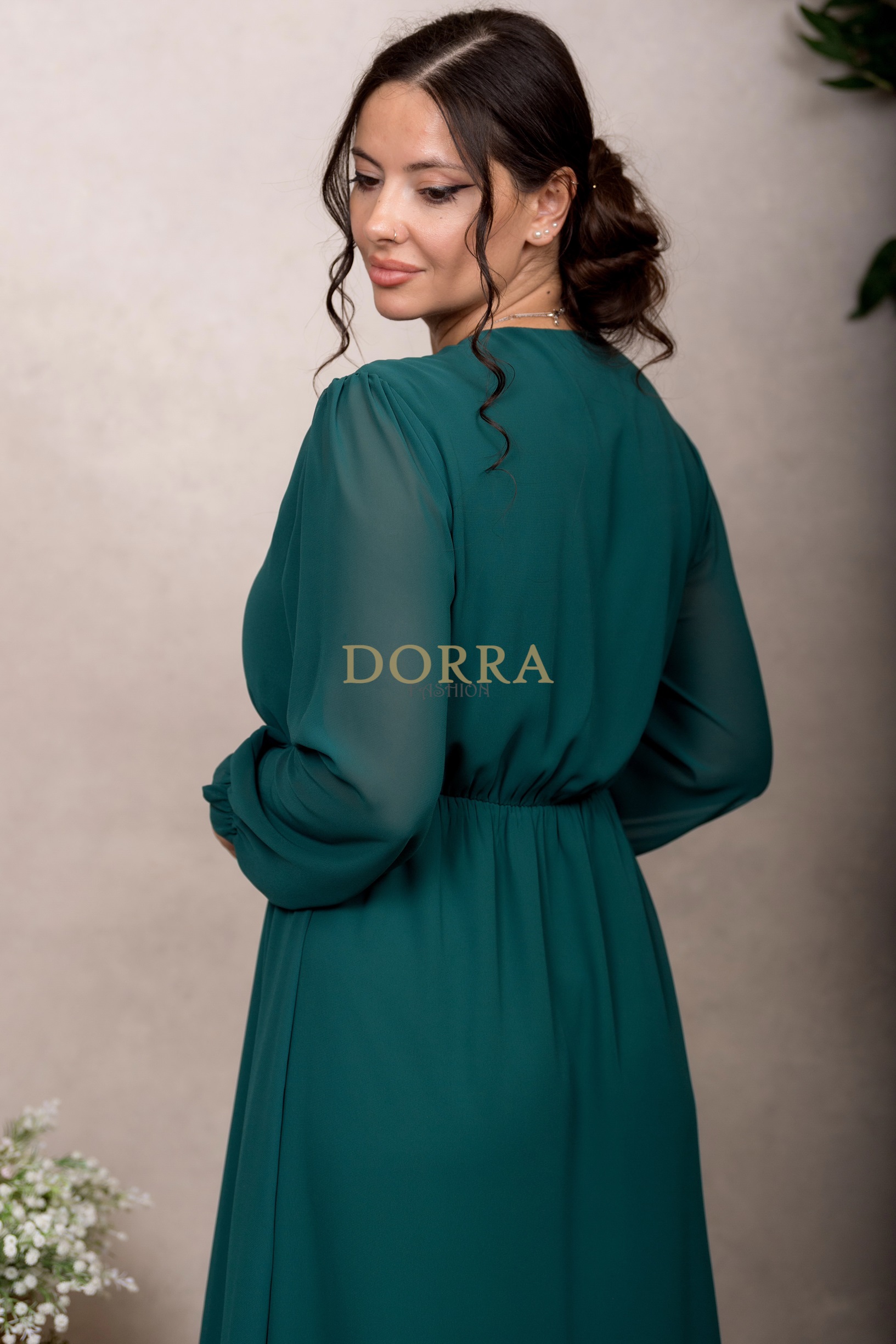 Rochie midi Kimberly din voal verde cu mâneci lungi și volan - imagine 8