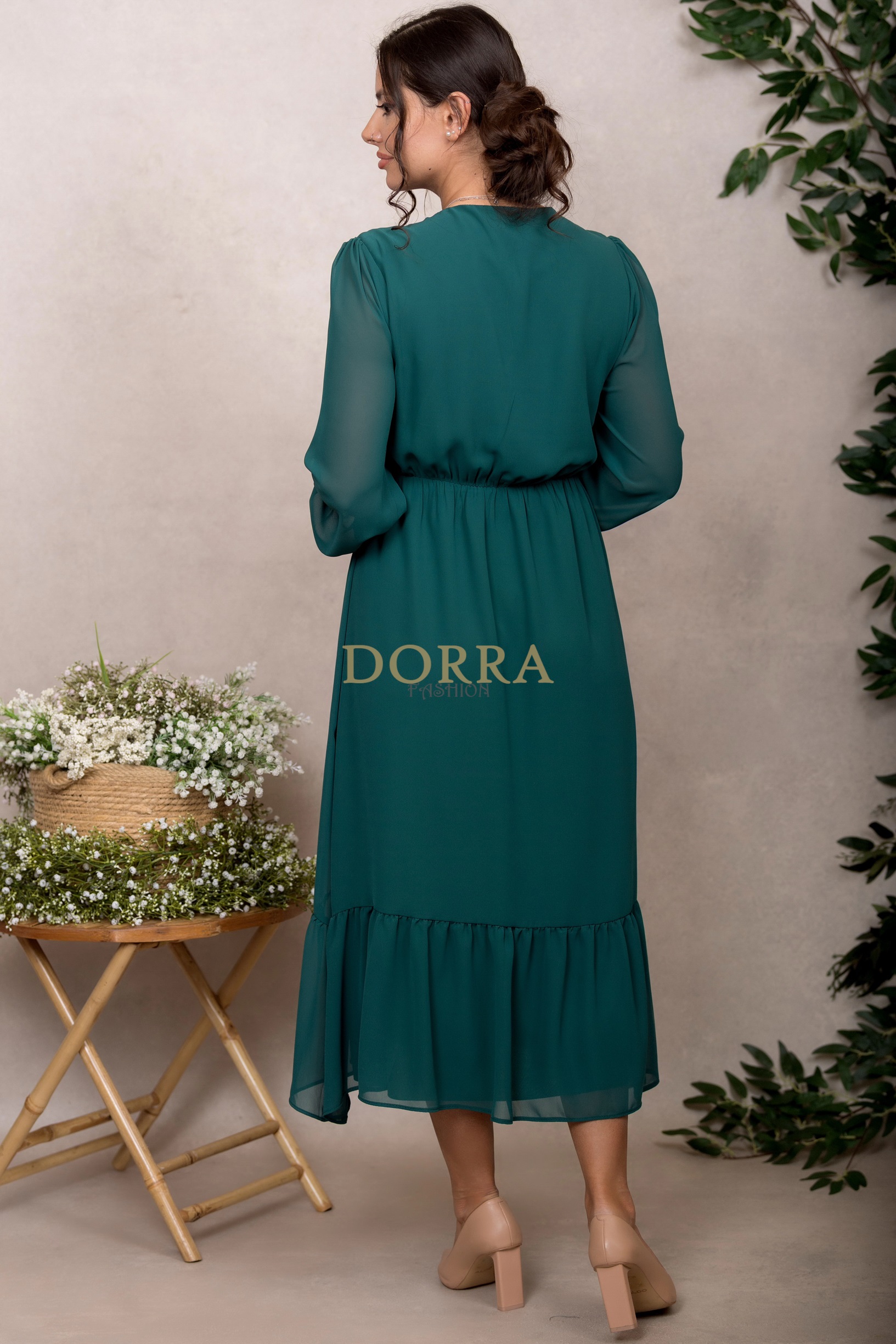 Rochie midi Kimberly din voal verde cu mâneci lungi și volan - imagine 2