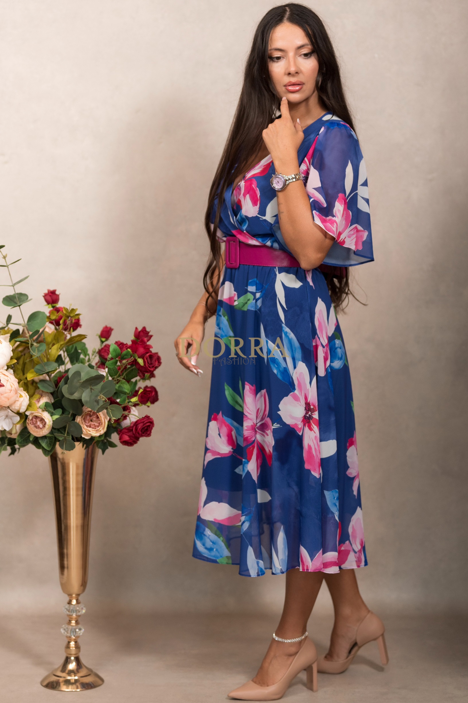Rochie midi Alondra din voal indigo imprimat - imagine 3