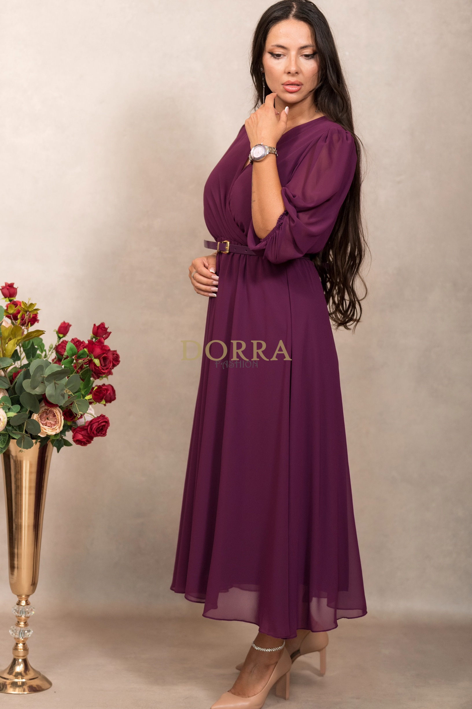 Rochie midi Olimpia din voal vișiniu - imagine 3