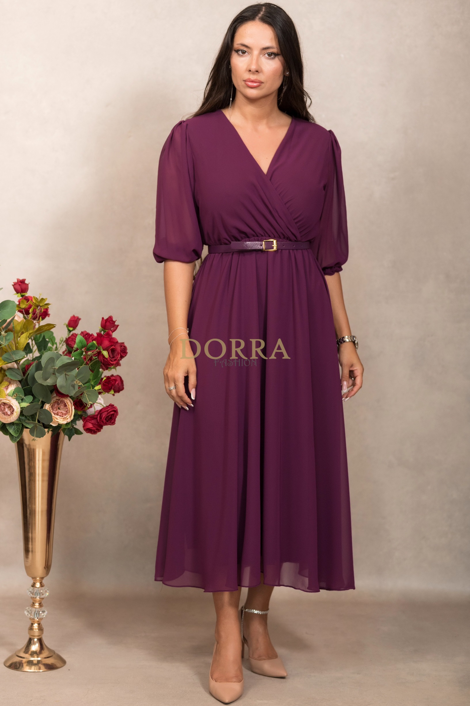 Rochie midi Olimpia din voal vișiniu