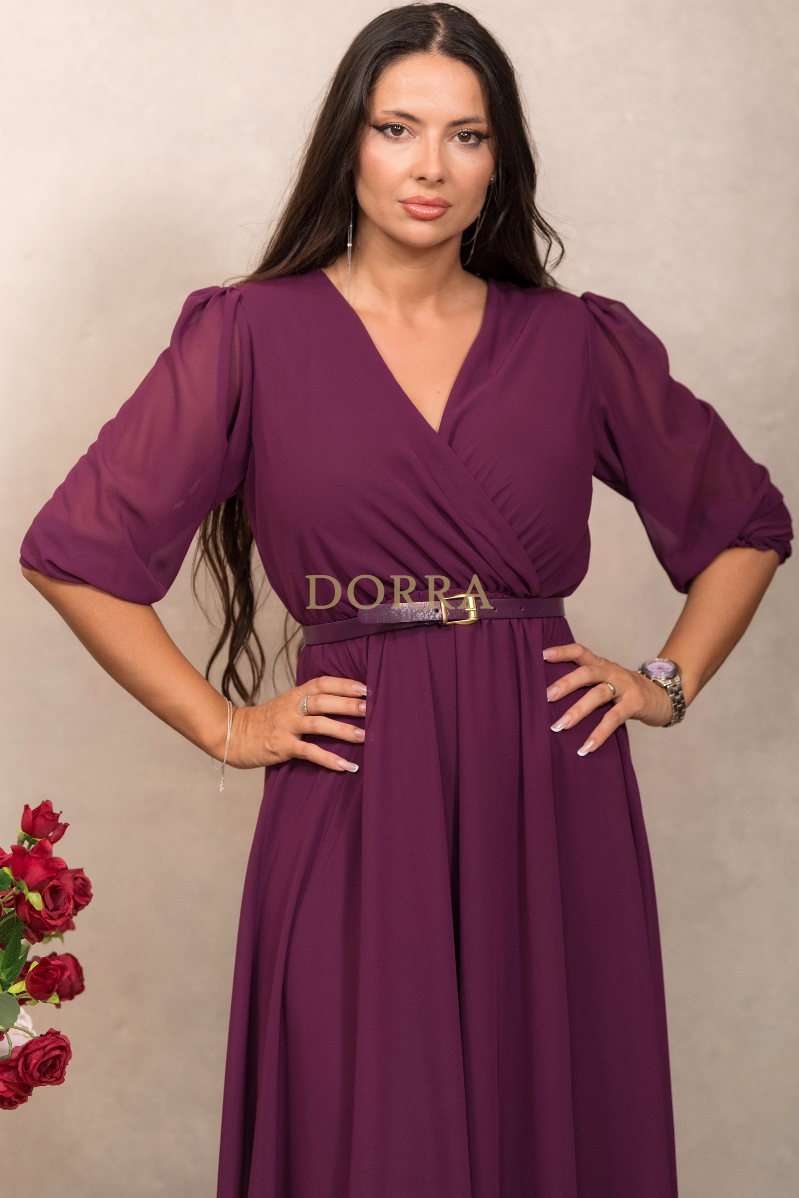 Rochie midi Olimpia din voal vișiniu - imagine 4