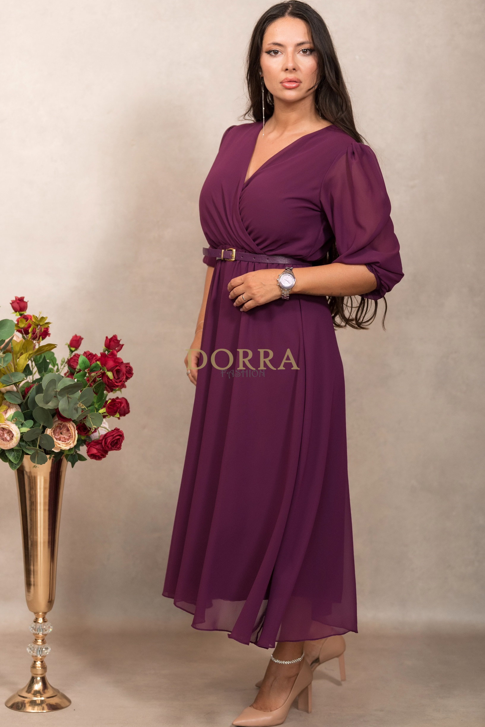 Rochie midi Olimpia din voal vișiniu - imagine 5