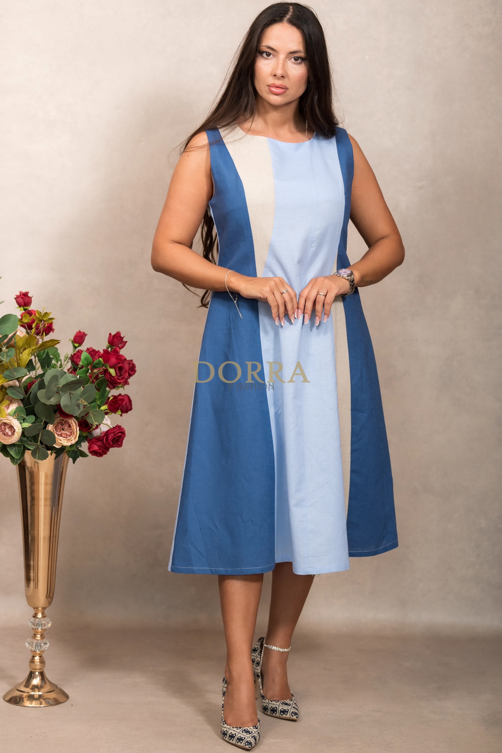 Rochie midi Teodora în clini din bumbac și in, albastră - imagine 6