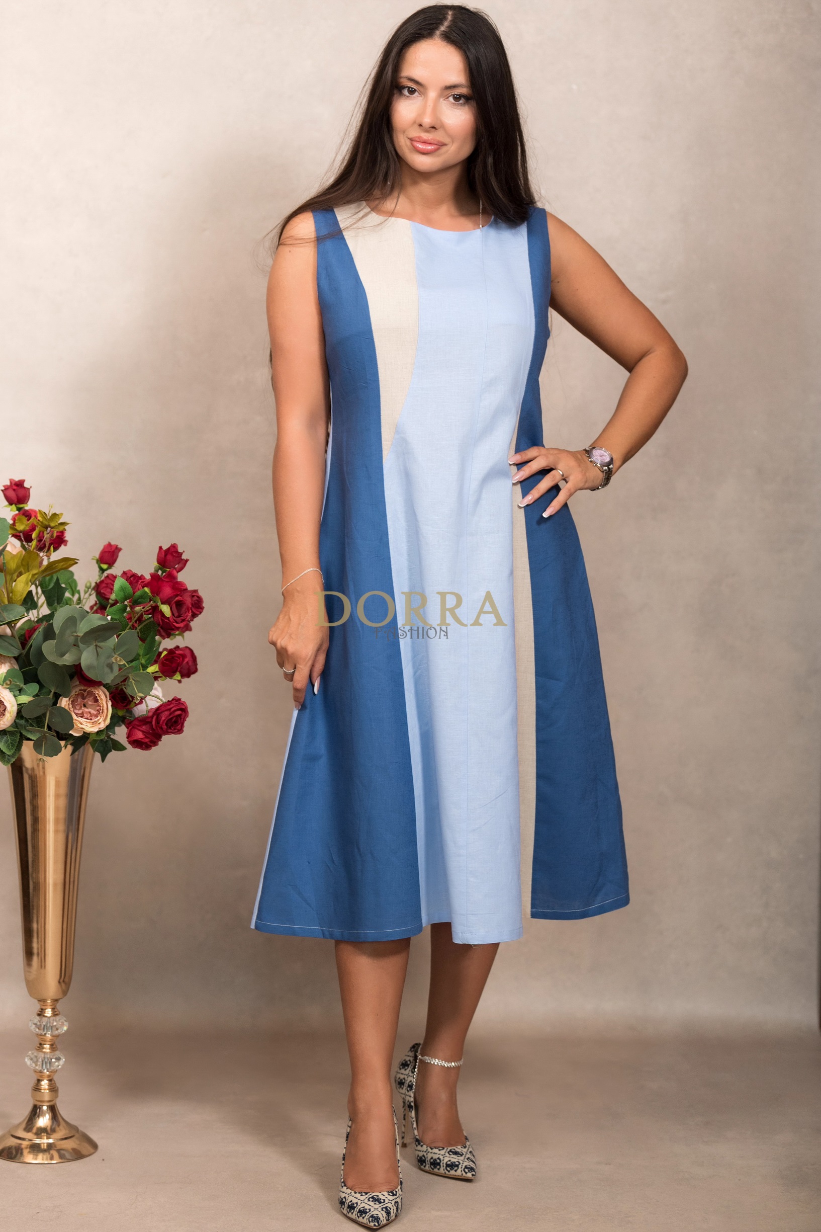 Rochie midi Teodora în clini din bumbac și in, albastră