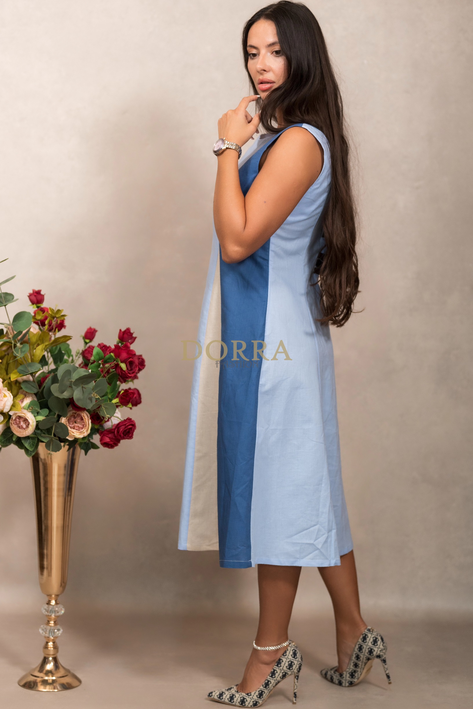 Rochie midi Teodora în clini din bumbac și in, albastră - imagine 5