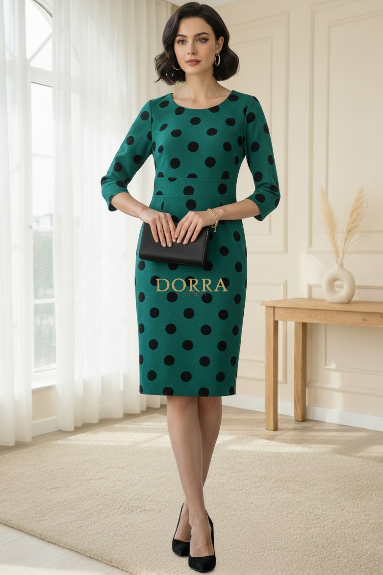Rochie de zi Abril din jerse verde cu buline negre - poză frontală